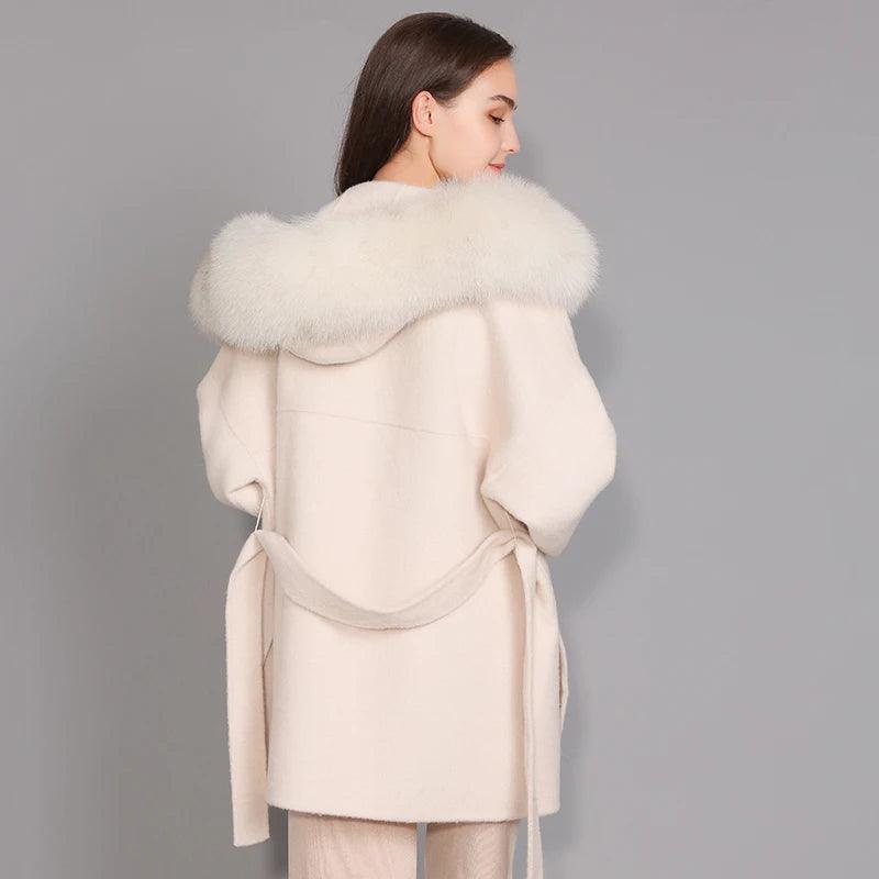 Luxury Women's Winter Coat with Real Fox Fur Hood & Cuffs - 100% Natural Fur, Cashmere Wool Blend, Oversized Loose Fit Jacket for Cold Weather - Perfect for Snowy Days, Outdoor Activities & Fashionable Winter Outfits