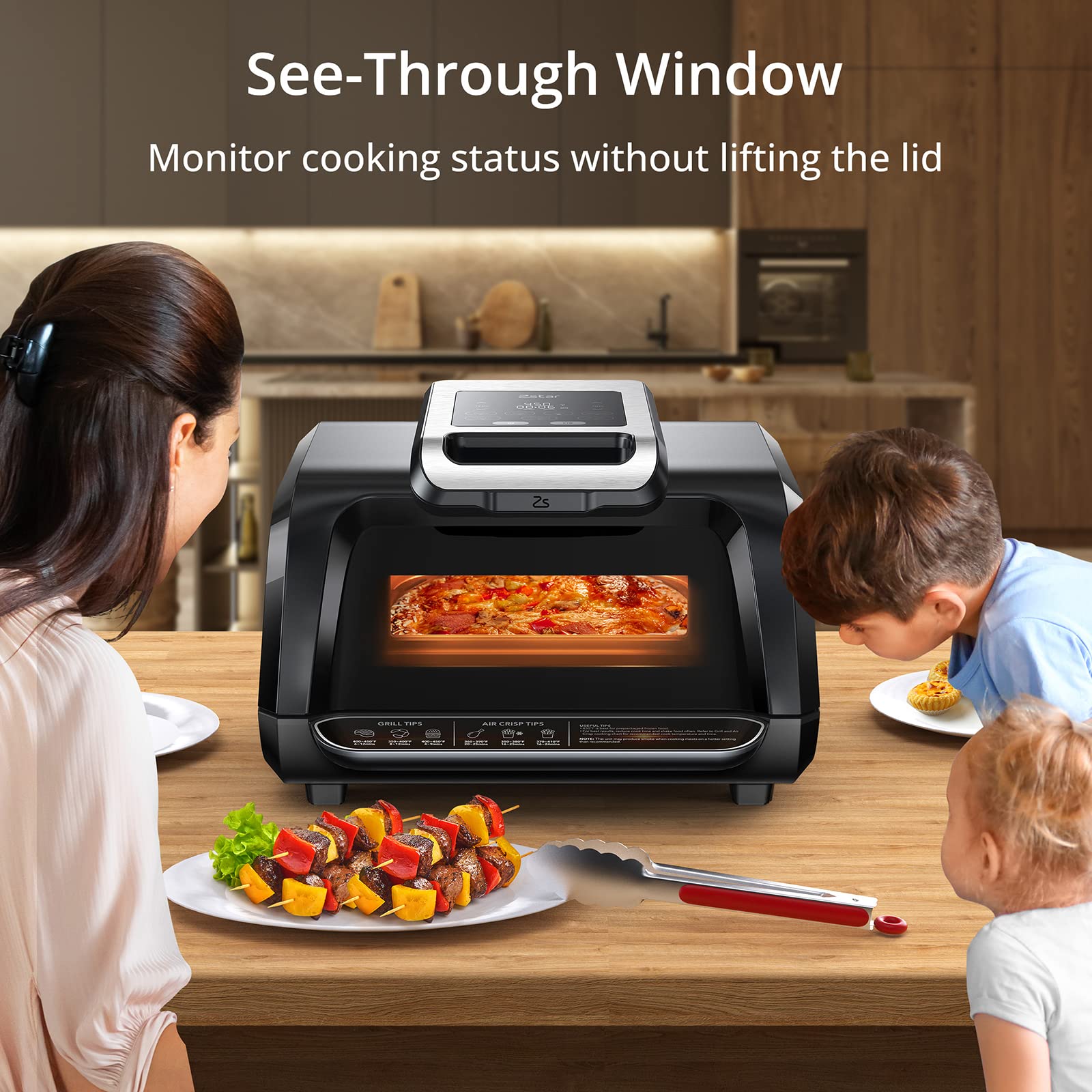 **Zstar 7-in-1 Indoor Grill & Air Fryer Combo – 1750W Smokeless Electric Grill with See-Through Window, Non-Stick Plates & Even Heat (Up to 450°F) – Includes Silicone Tongs & 4Qt Capacity – Perfect for Healthy Cooking, Grilling, Air Frying & More**