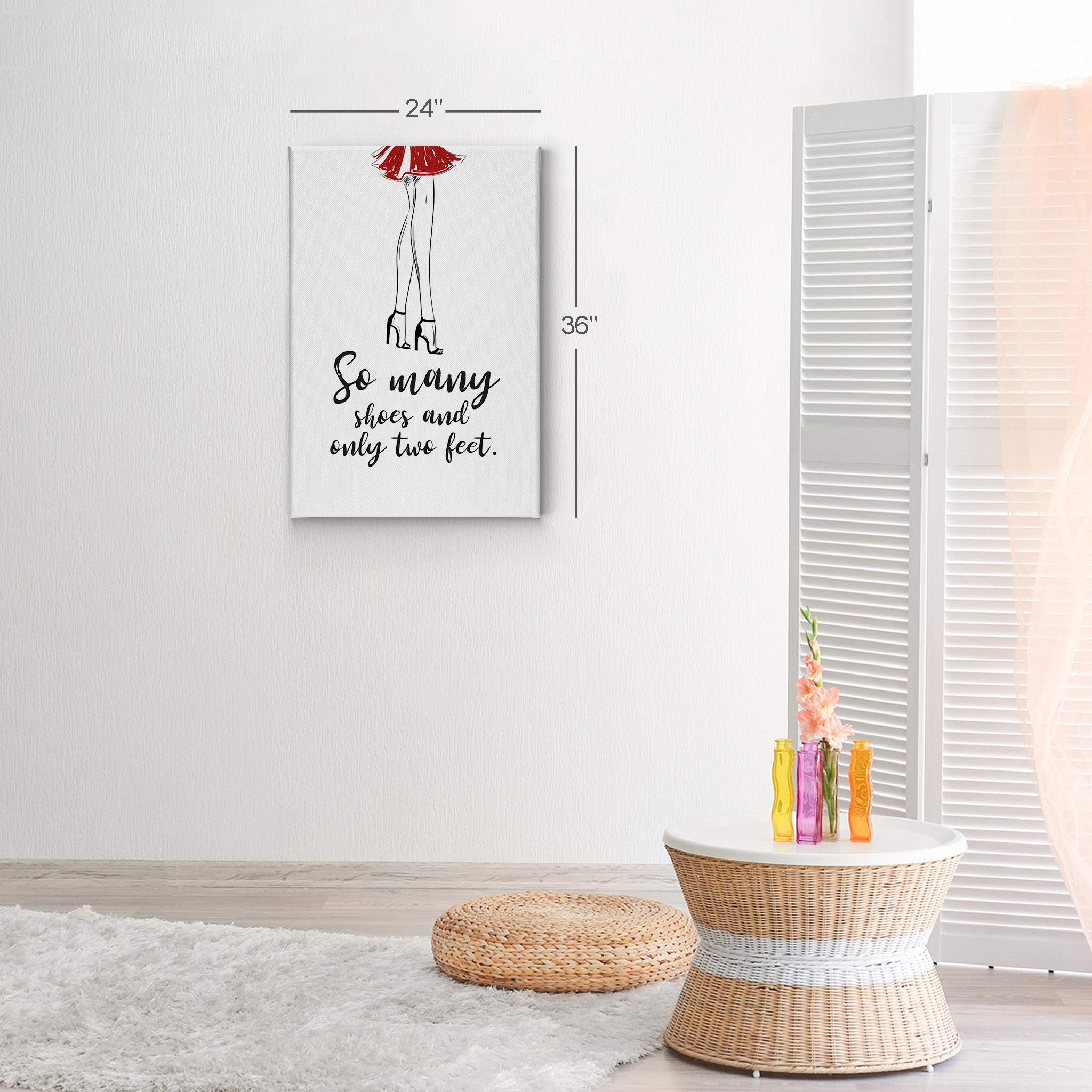 Smile Art Design 'So Many Shoes and Only Two Feet' Quote - Red Skirt Sketch Glam Fashion Canvas Print Wall Art (36x24 inches) - Perfect for Office, Bathroom, Girls Room, Dorm, Bedroom & Living Room Decor - Ready to Hang Home Décor Gift Idea