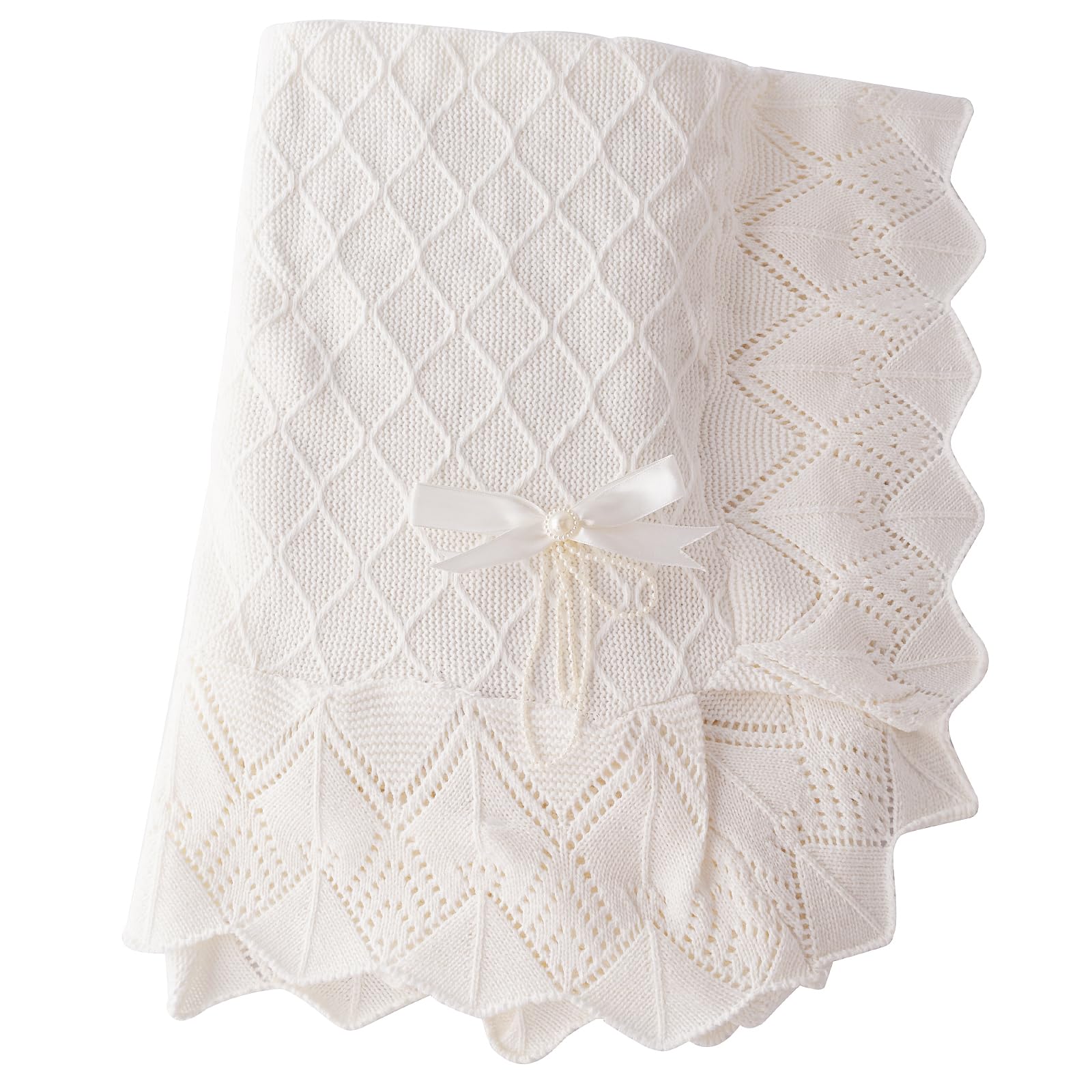 Booulfi Soft White Knit Baby Blanket - Neutral Crib & Stroller Blanket for Newborn Boys & Girls - Breathable Cotton Lace Crochet Winter Nursery Blanket (38x39 Inches) - Perfect for Swaddling, Stroller Cover & Nursery Decor
