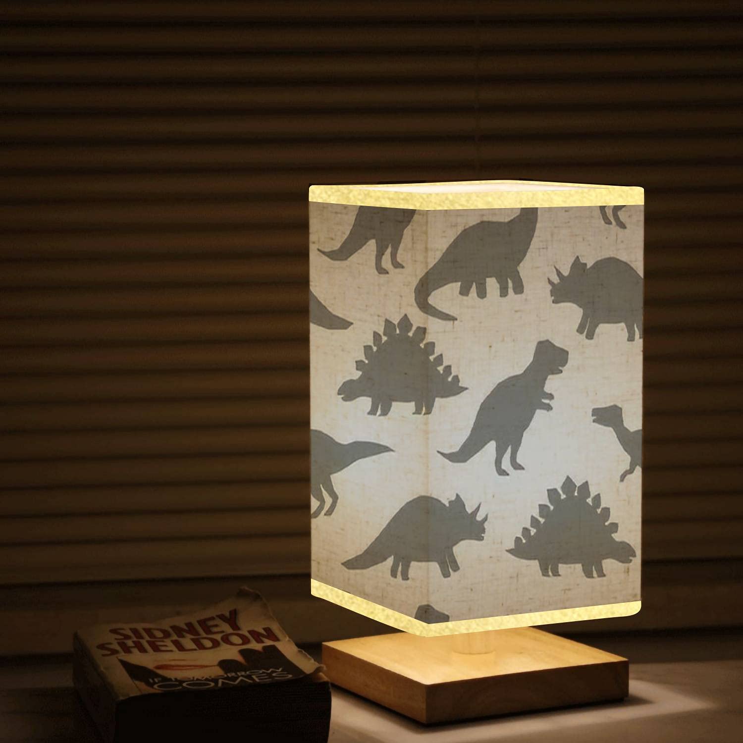 Dimmable Square Bedside Table Lamp with Hand-Drawn Dinosaur Silhouette - Gray Cartoon Dino Design, Wooden Base & Flaxen Fabric Shade - Perfect Nightstand Lamp for Bedroom, Living Room, Nursery or Kids Room Decor
