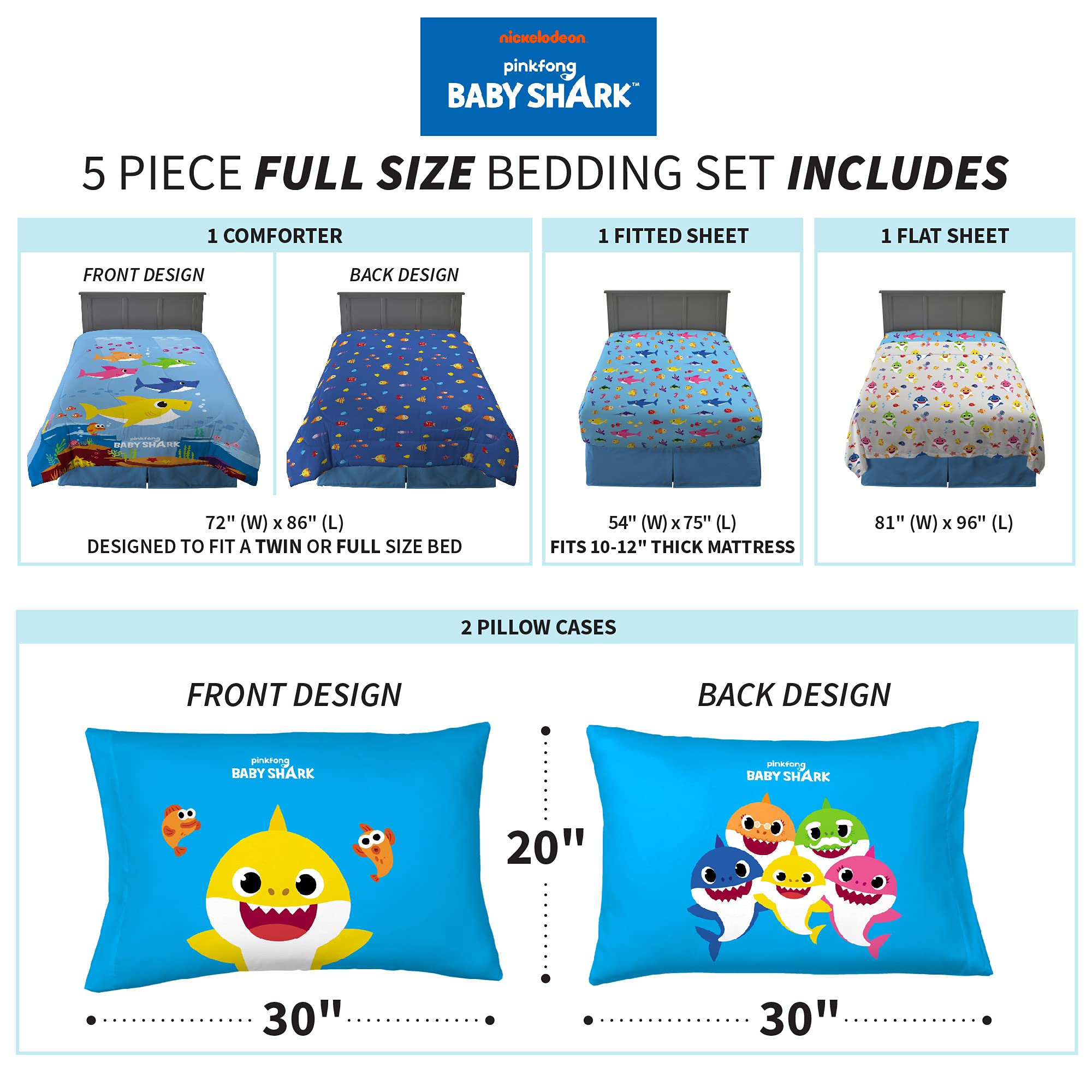 Franco Kids Bedding Set - Super Soft 5-Piece Full Size Comforter & Sheet Set with Baby Shark Design | Perfect for Toddler Beds, Nursery Decor & Shark-Themed Bedrooms