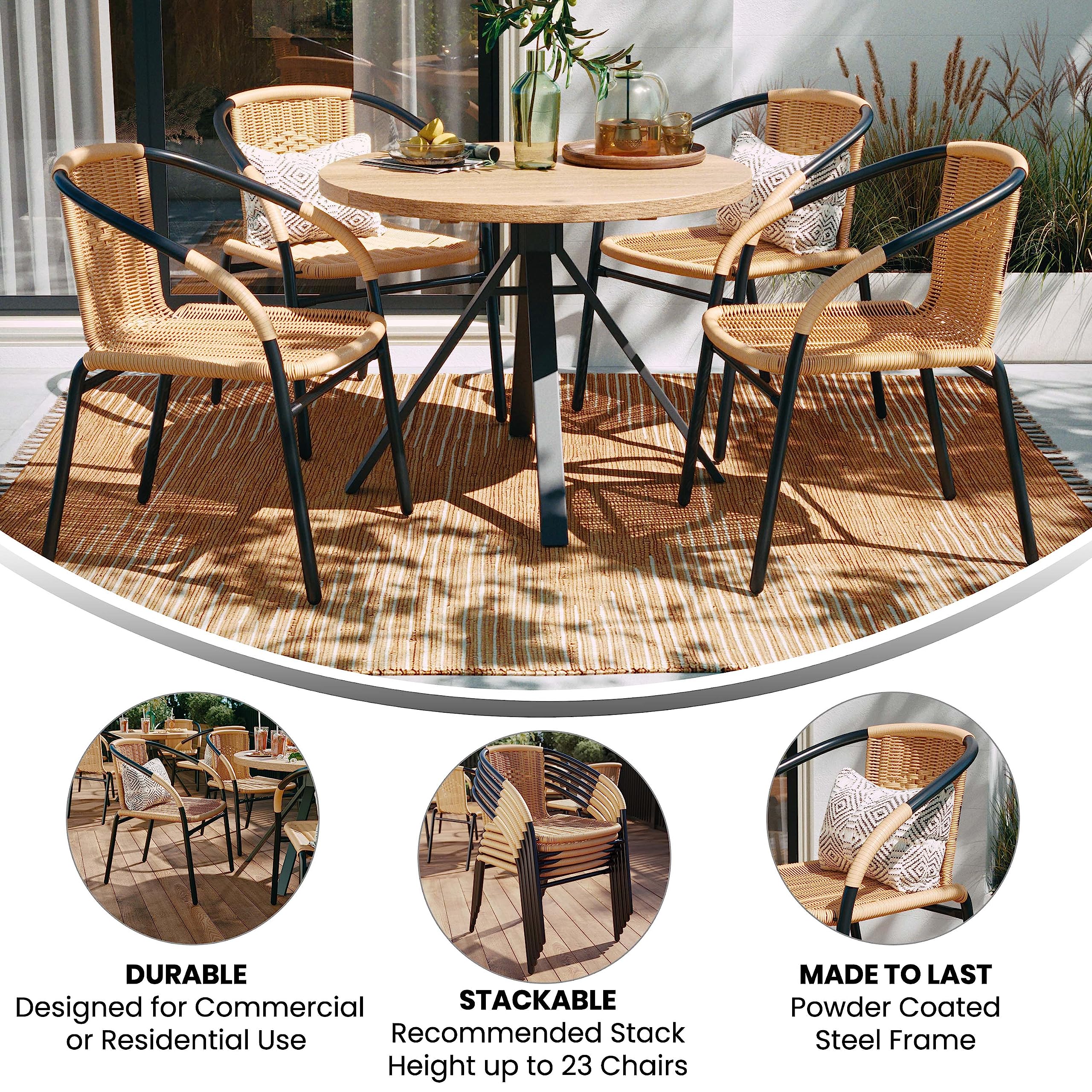 Flash Furniture Lila 4-Pack Beige Rattan Stackable Chairs for Indoor & Outdoor Use - Stylish Dining Chairs for Restaurants, Cafes, Patios & Home Decor