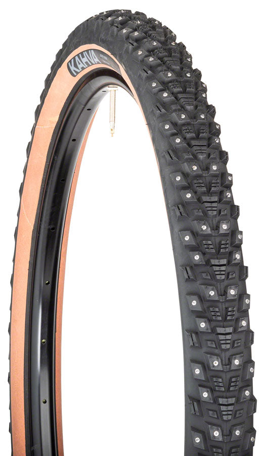 45NRTH Kahva Winter Bike Tire 27.5x2.1 Tubeless Folding Tan 60TPI with 240 Concave Carbide Studs - Perfect for Snow and Ice Cycling, Mountain Biking in Cold Weather