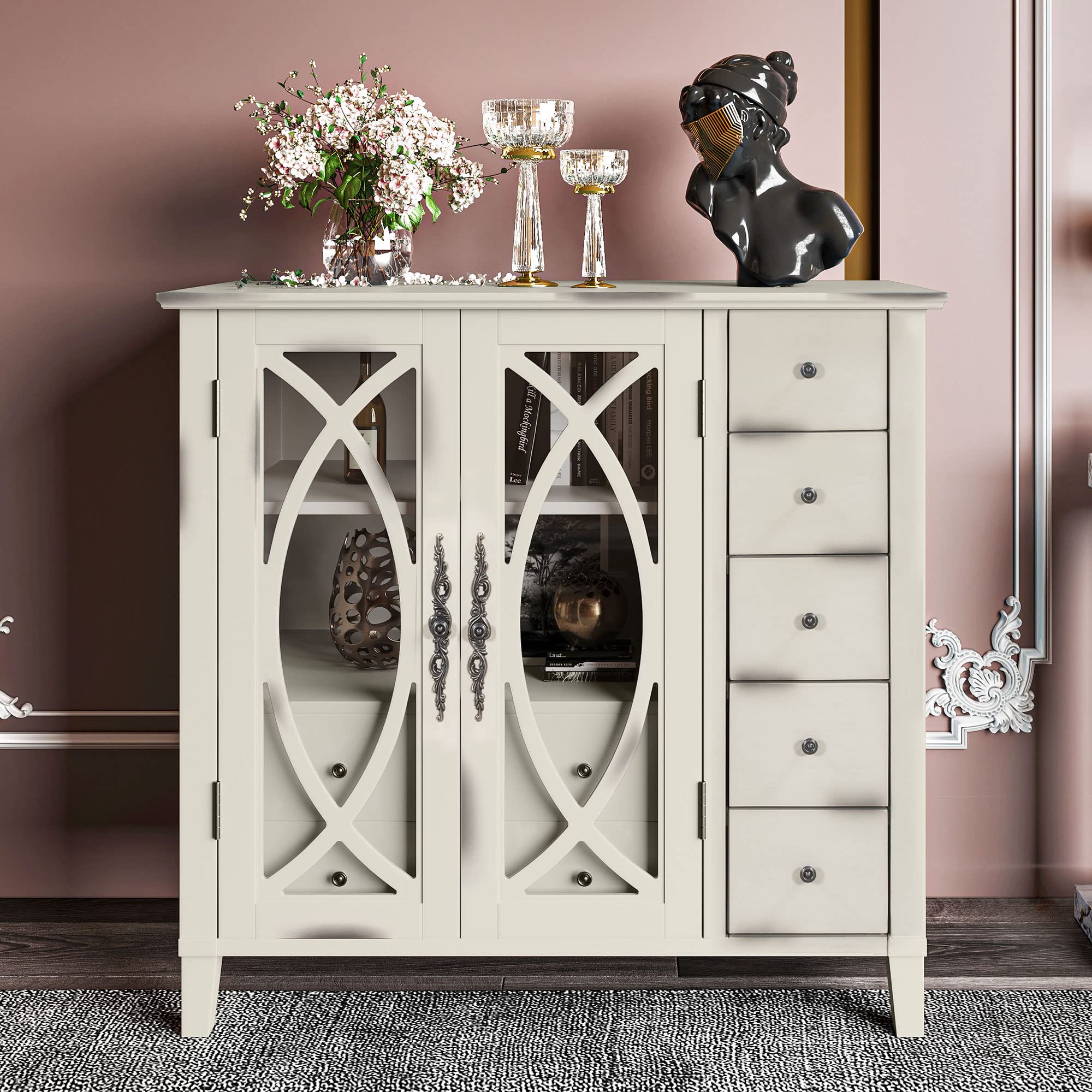 Modern Wood Storage Cabinet with Adjustable Shelf & 7 Drawers - Multi-Functional Console Table & Sideboard for Living Room, Bedroom, Entryway - Antique White Wooden Accent Cabinet for Home Organization & Decor