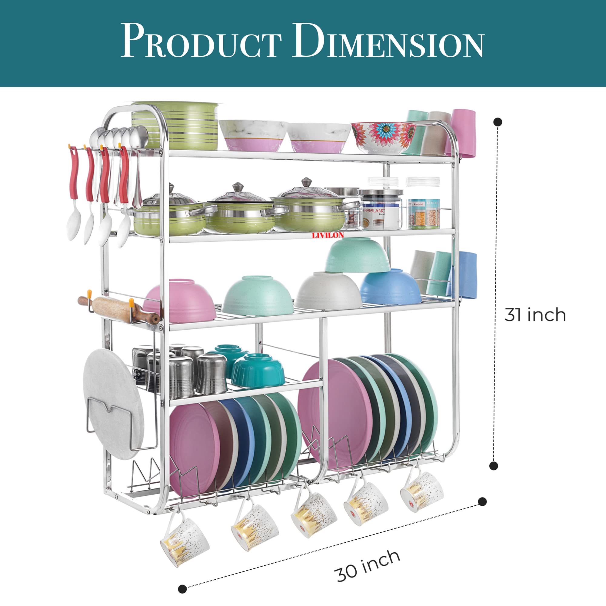 Stainless Steel Wall Mount Kitchen Utensil Rack & Dish Drying Stand - 31x30x10 Inches Organizer for Plates, Cutlery & Cooking Tools | Space Saving Storage Solution for Small Kitchens & Apartments | LVSTLSTLST EE-9