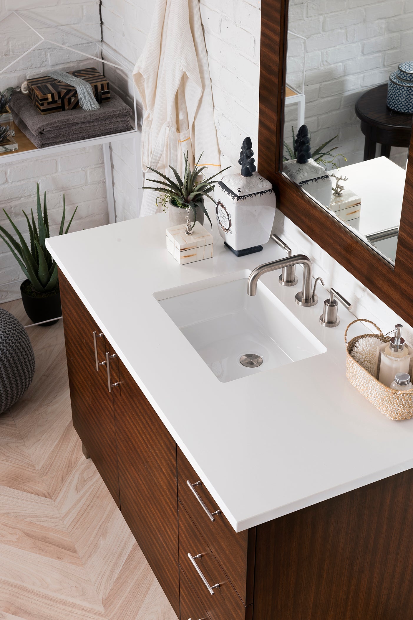 Metropolitan 48 Inch Single Bathroom Vanity with American Walnut Finish & 3CM Classic White Quartz Countertop - Perfect for Modern Master Bathrooms & Powder Rooms
