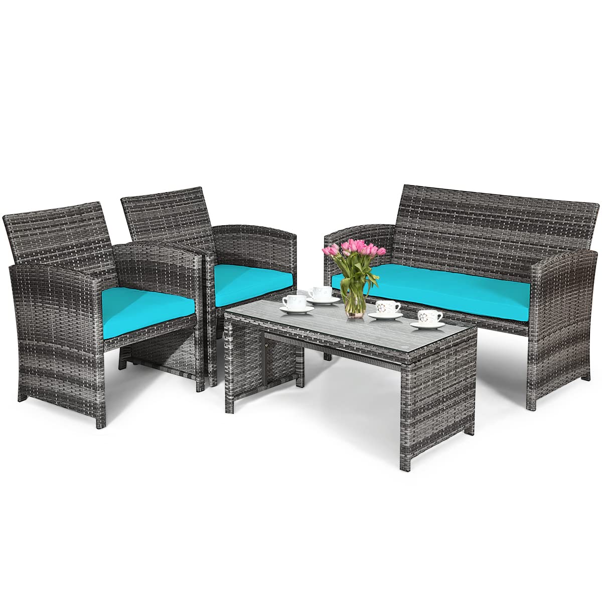 HAPPYGRILL 4-Piece Outdoor Patio Furniture Set with Soft Cushions - Rattan PE Wicker Sofa Chairs & Coffee Table for Garden, Poolside, Porch, Backyard - Perfect for Relaxing and Entertaining Guests