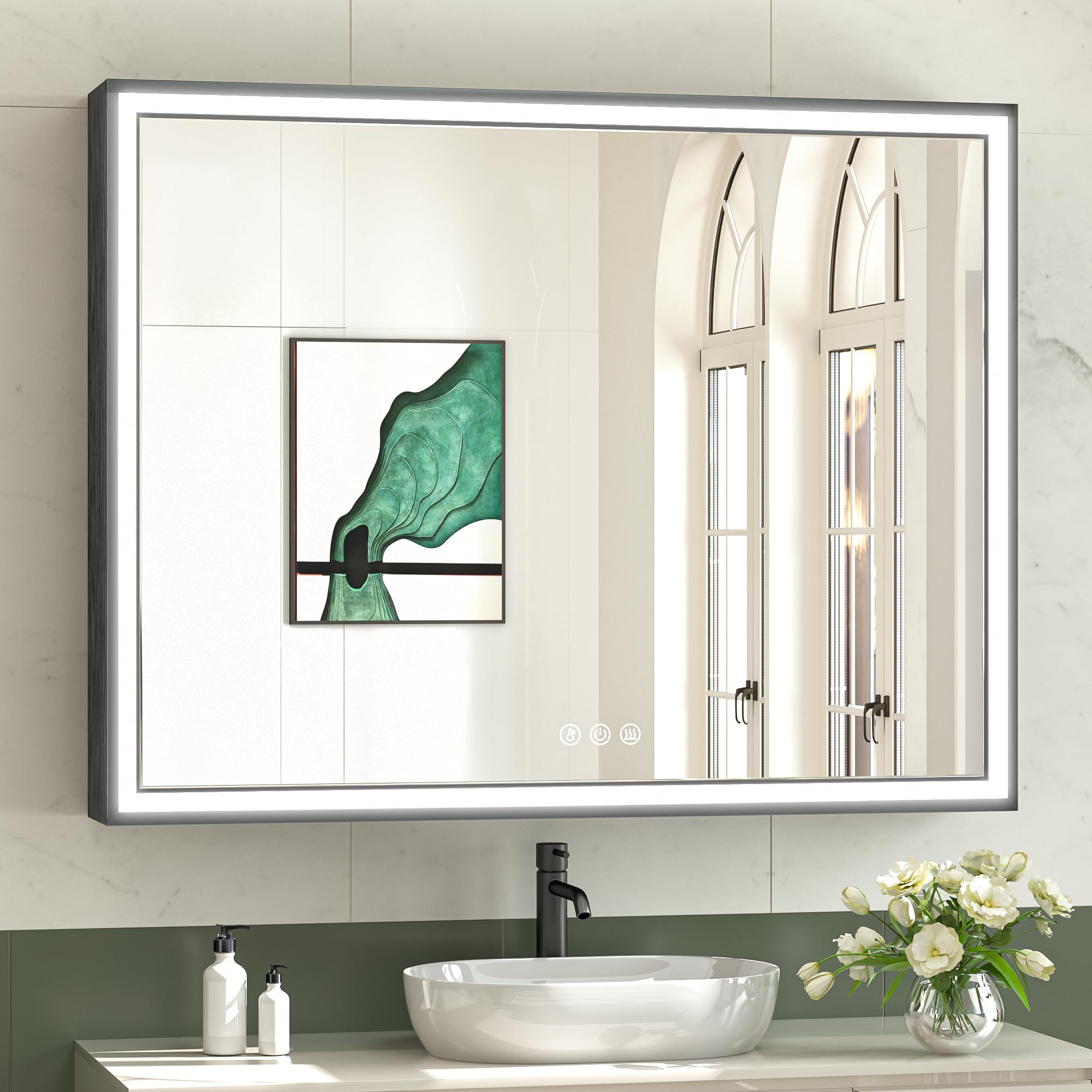 TokeShimi 48 x 36 Inch LED Bathroom Mirror with Anti-Fog, 3 Color Temperatures & Dimmable Memory Function - Large Black Vanity Mirror with 45° Beveled Edge, Matte Aluminum Frame for Modern Home Decor - Perfect for Makeup, Shaving & Bathroom Vanity Areas