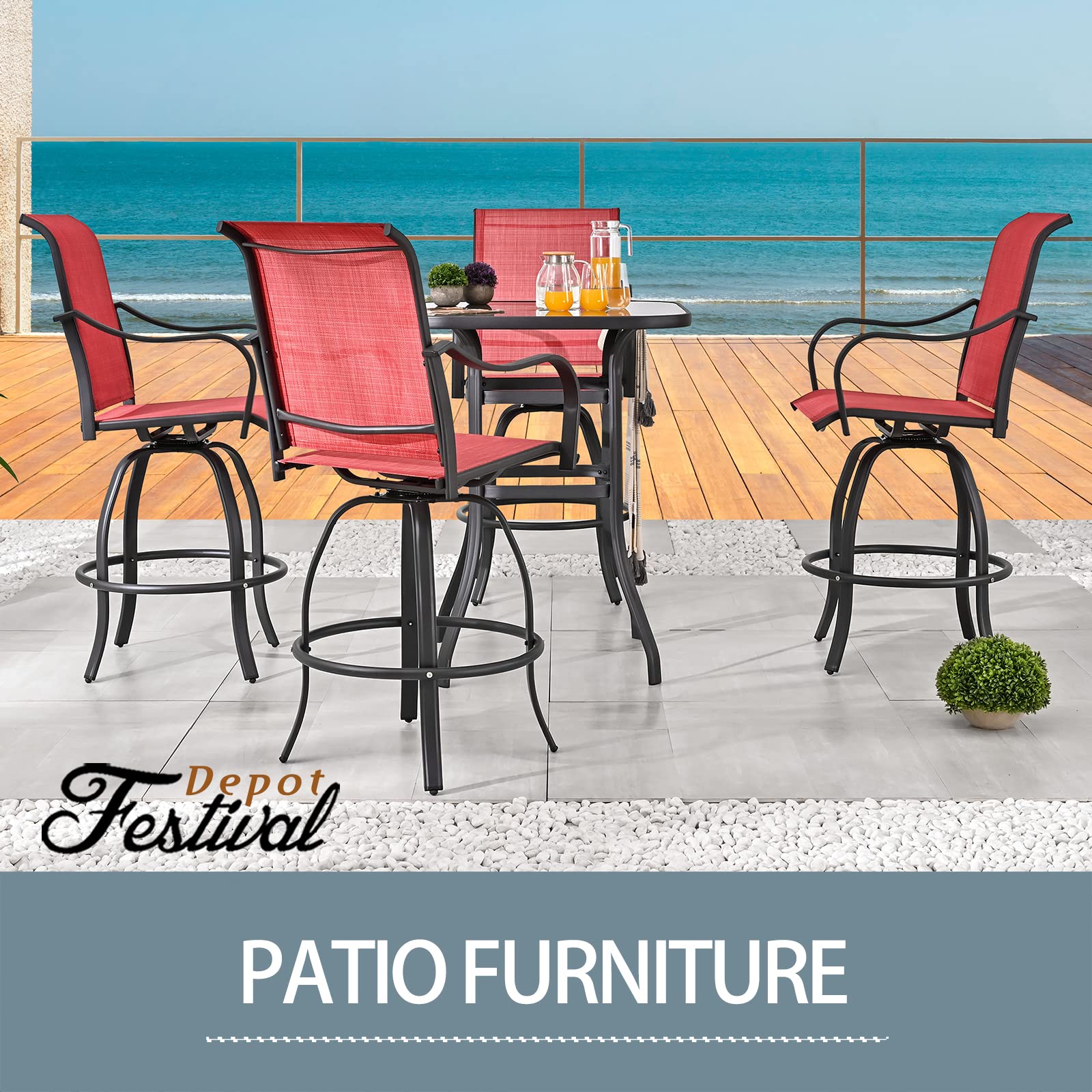 Festival Depot 5-Piece Outdoor Patio Bistro Set with 360° Swivel Chairs & Bar Height Table - Tempered Glass Top Dining Furniture for Garden, Balcony, Backyard (4 Chairs + 1 Table, Red) - Perfect for Outdoor Entertaining, BBQ Parties & Relaxing