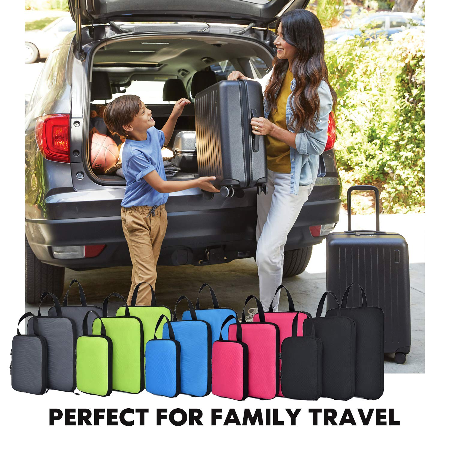 YZAOLL 6-Piece Kids Travel Compression Packing Cubes Set - Space-Saving Luggage Organizers for Boys & Girls (Green Rose) | Perfect for Family Vacations, School Trips & Camping Accessories