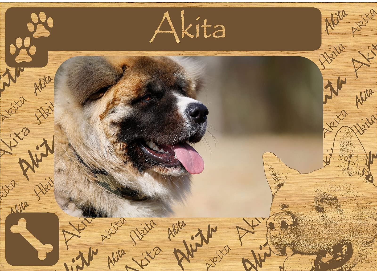 Personalized Akita Laser Engraved Wood Picture Frame Magnet - Custom Pet Memorial Gift for Dog Lovers - Perfect for Home Decor, Office Desk & Refrigerator Display