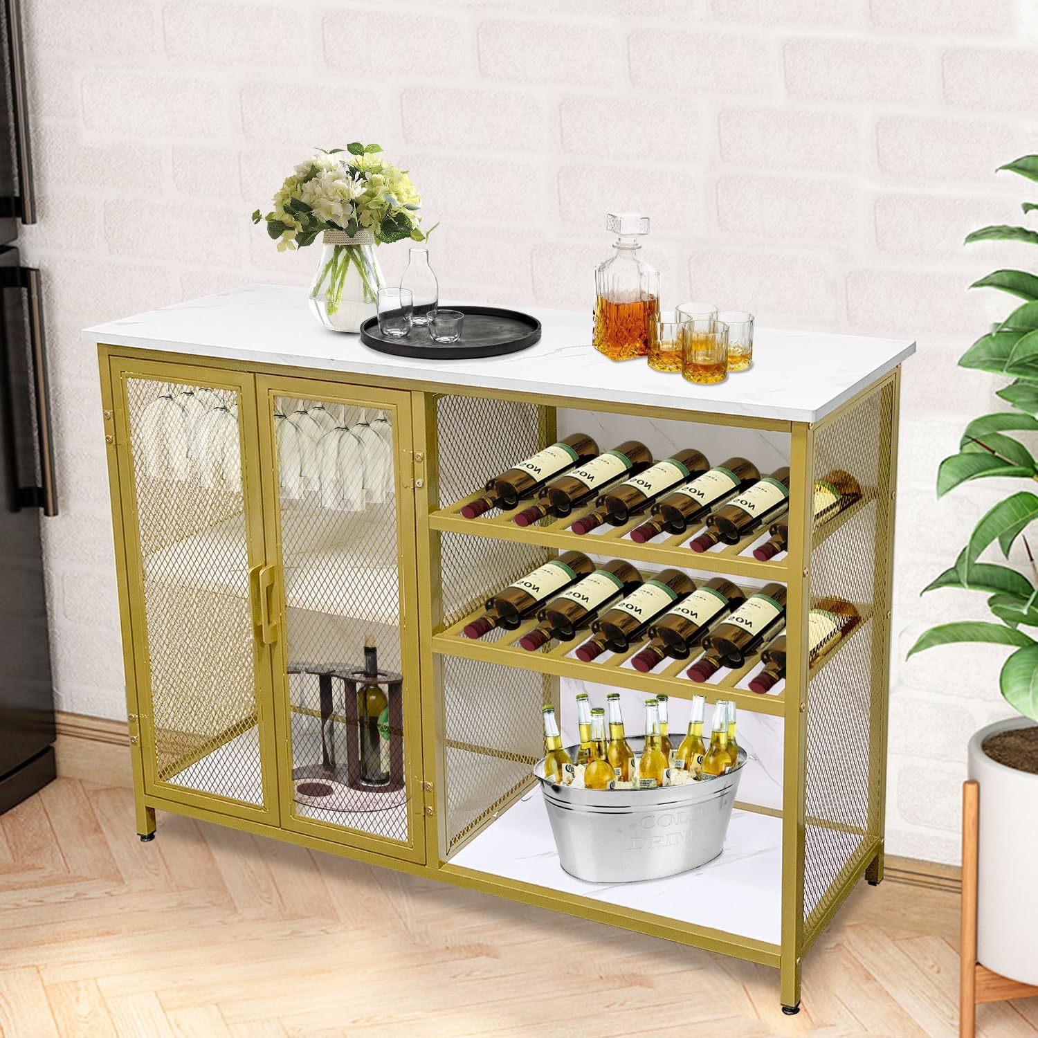 AT-VALY Bar Cabinet with Wine Rack & Glass Holder - Small Buffet Sideboard with Mesh Doors, Gold Finish - Perfect for Home Bar, Dining Room & Kitchen Storage