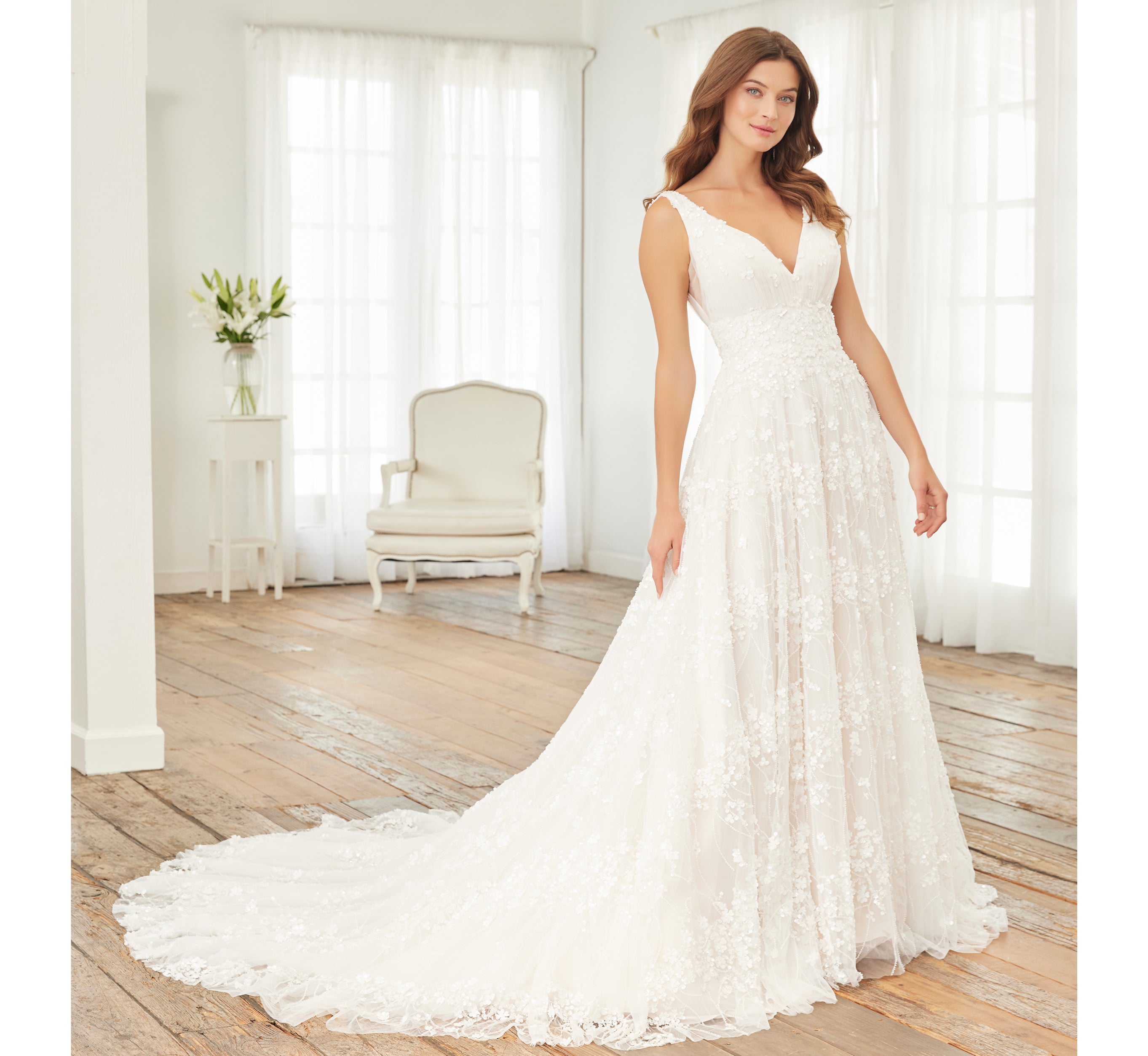 Hand Beaded and Lace A-Line Wedding Gown in Ivory & Silver - Perfect for Bridal, Formal Events, and Special Occasions