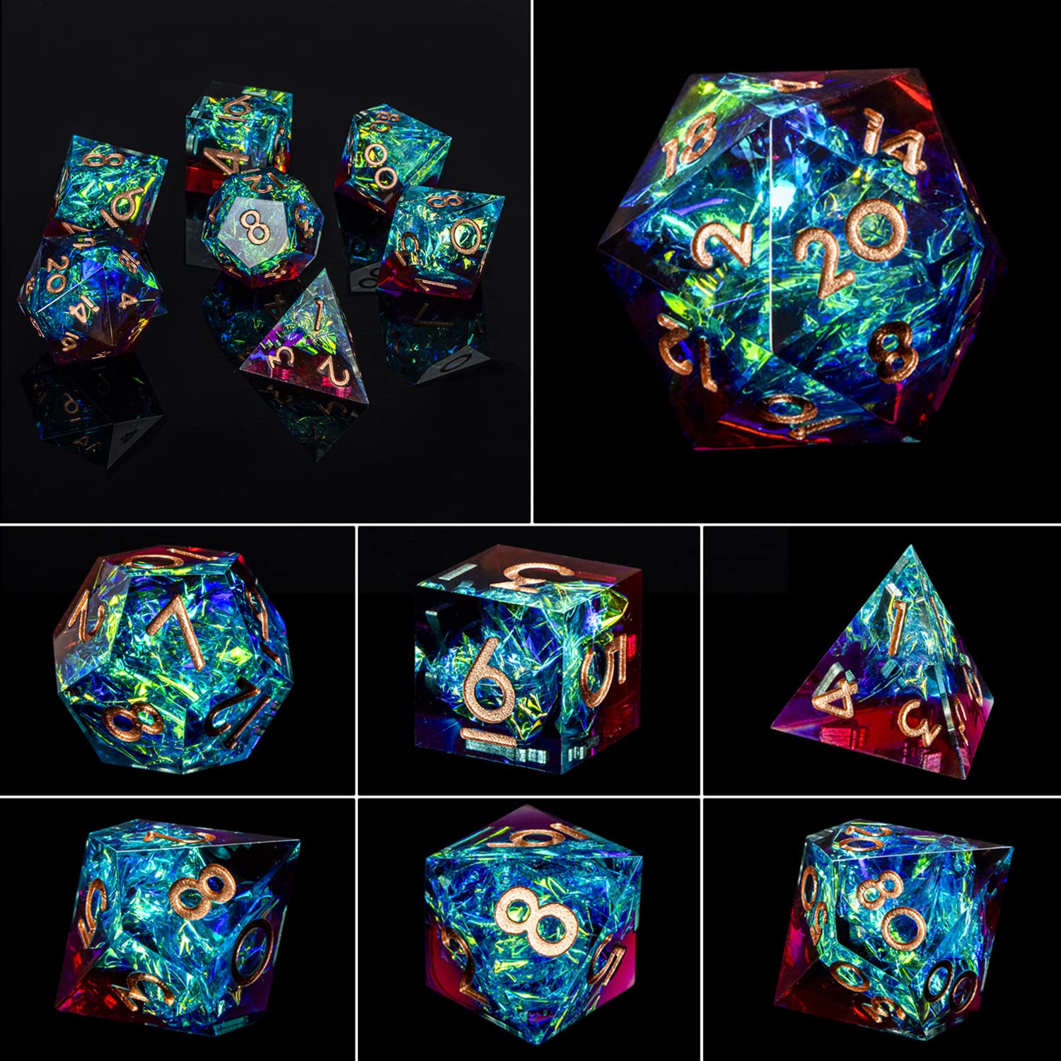 ARUOHHA Sharp Edges DND Dice Set - Translucent Polyhedral Resin D&D Dice with Lightning Effects (D20, D12, D10, D8, D6, D4) - Handmade Dungeons & Dragons RPG Accessories for Tabletop Gaming, Role Playing Games & Collectors