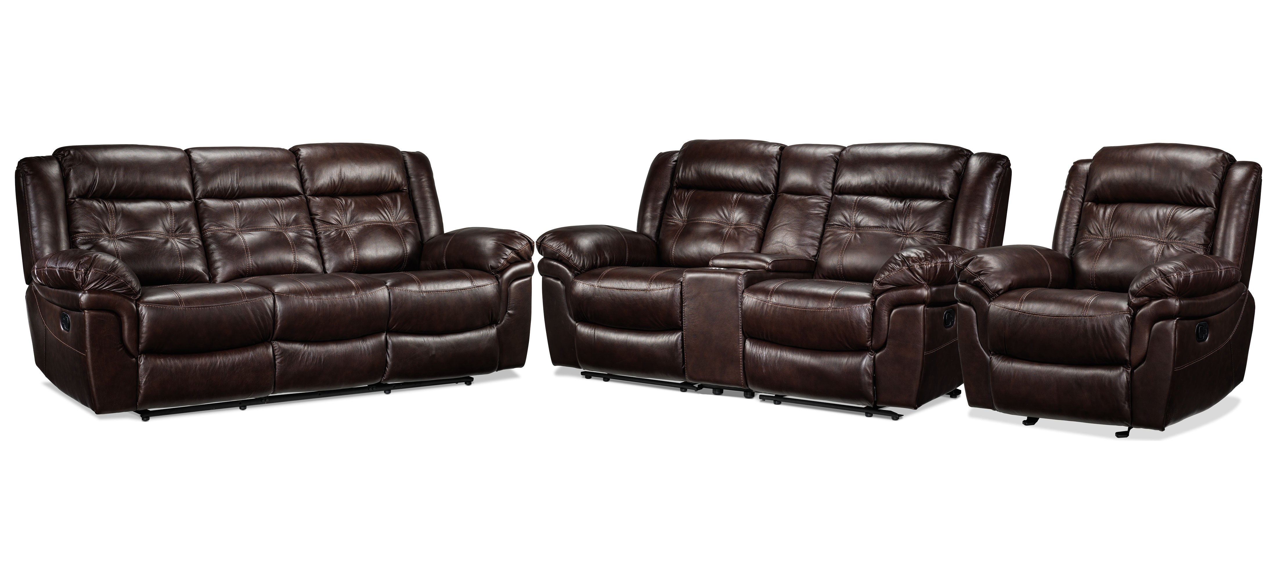 Premium Cooper Leather Reclining Sofa Set - 3-Piece Brown Leather Recliner with Loveseat & Console - Perfect for Living Room, Home Theater & Family Gatherings