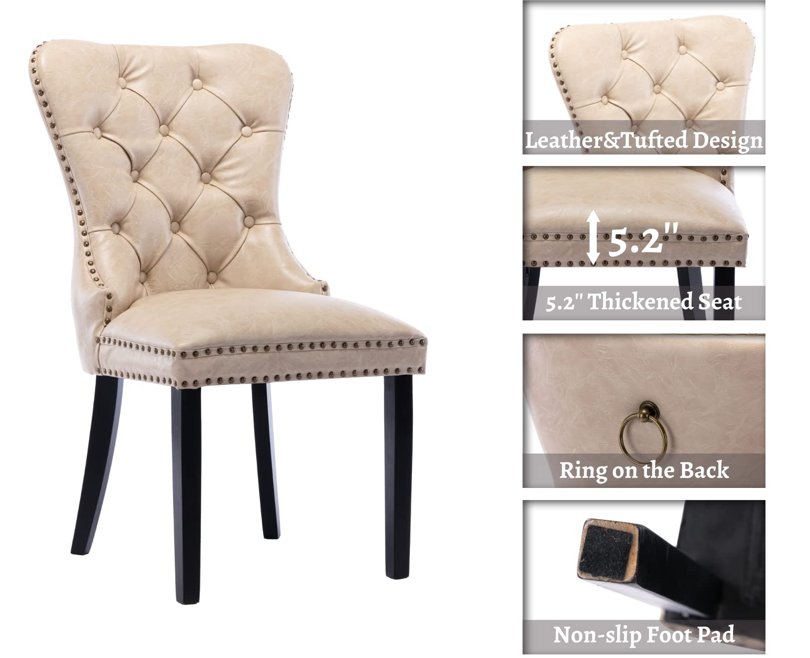 EALSON Mid Century Modern Dining Chairs Set of 2 - Tufted Leather Upholstered Kitchen Side Chairs with Wood Legs & Nail Head Trim - Beige with Ring Design - Perfect for Dining Room, Kitchen Island or Living Room Seating