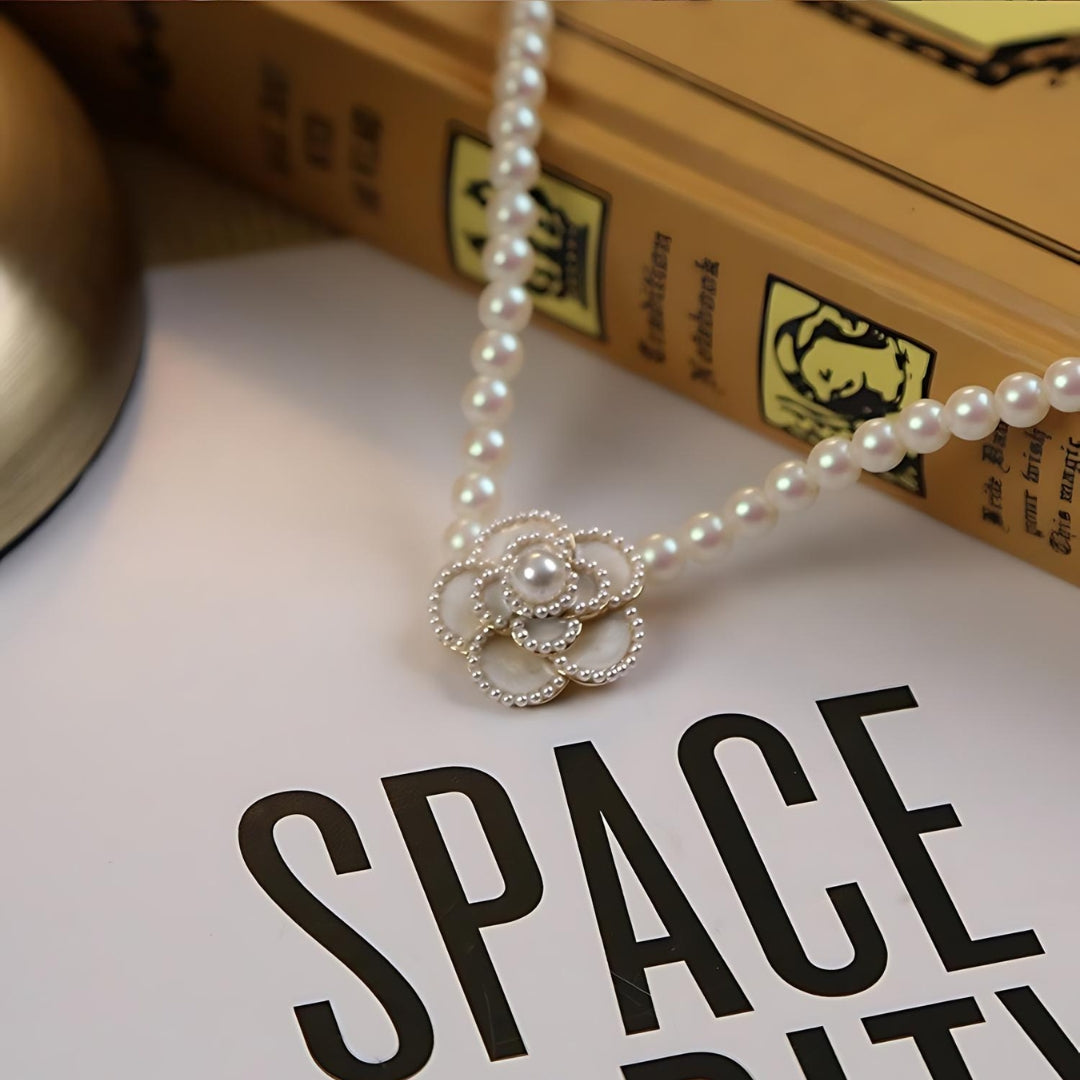 Pearl Bead Camellia Choker Necklace for Women - Elegant Floral Pearl Necklace Jewelry Gift (HN2357) | Perfect for Weddings, Parties, and Special Occasions