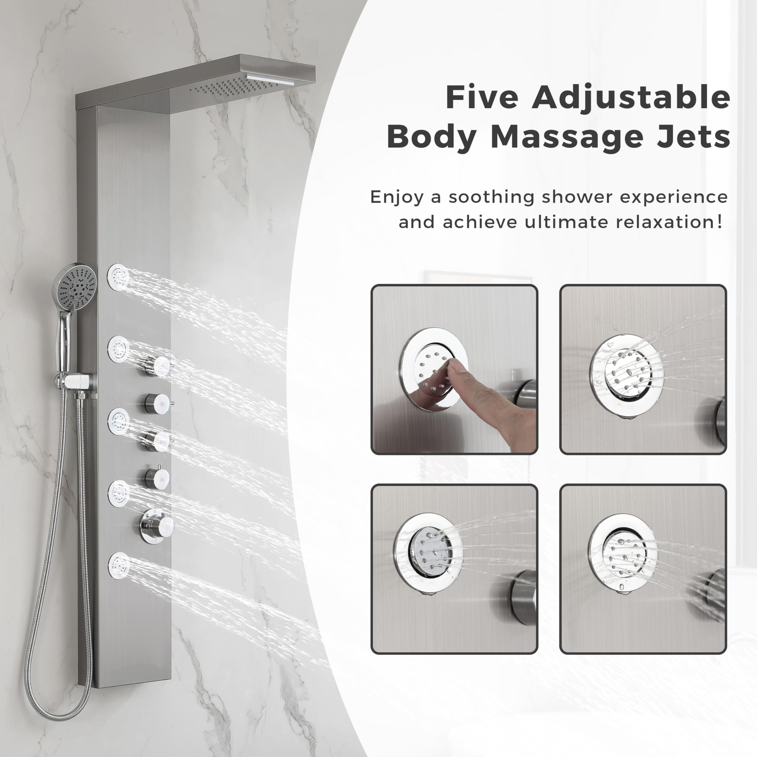 DELAVIN Stainless Steel Shower Panel Tower System - Multi-Function Rainfall Showerhead with Body Jets & Handheld Spray - Brushed Nickel Finish - Perfect for Luxury Bathroom Renovation & Spa-Like Shower Experience