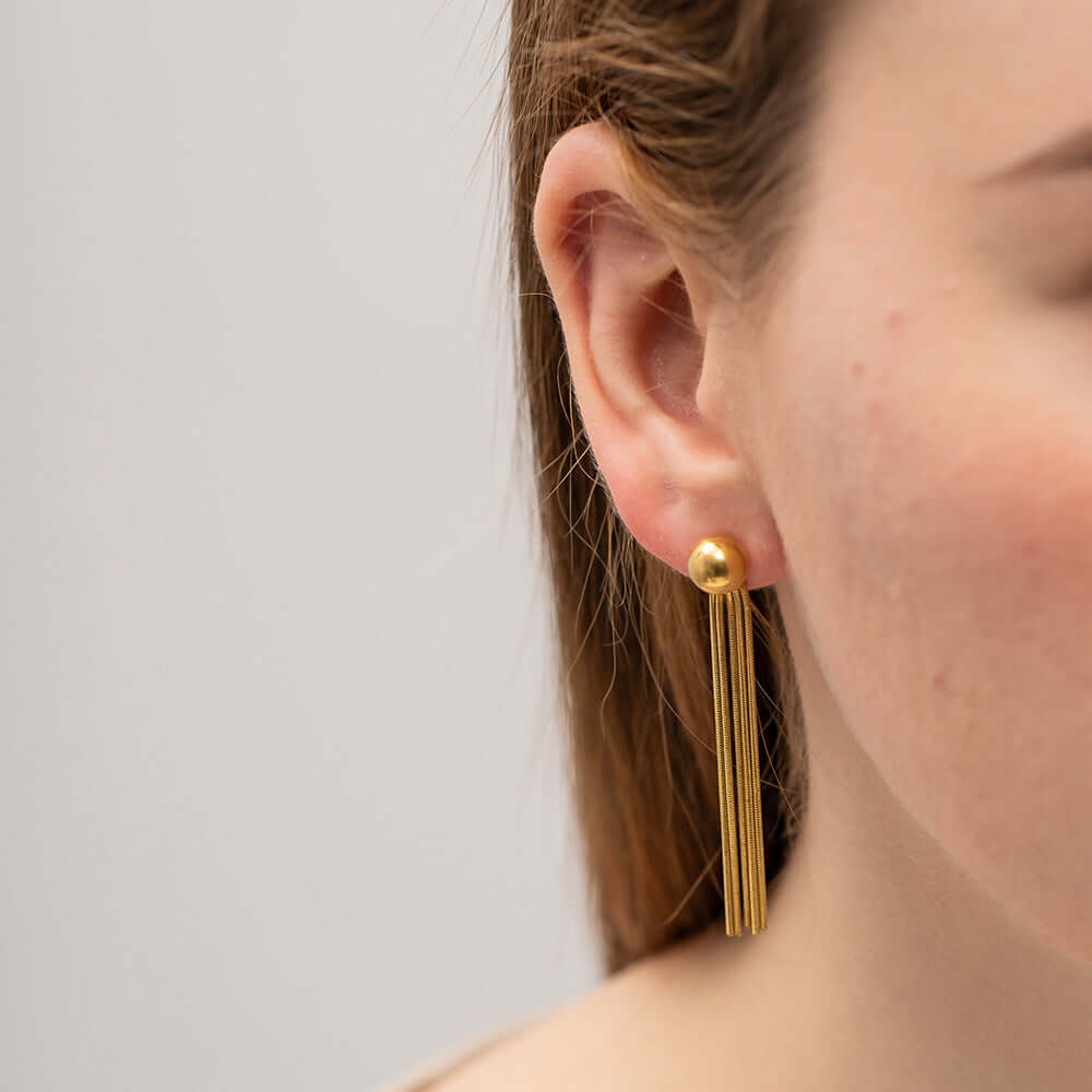18K Gold Plated Titanium Tassel Fringe Long Dangle Earrings for Women | Elegant Boho Chic Statement Jewelry | Perfect for Parties, Weddings & Evening Events (JDE001)
