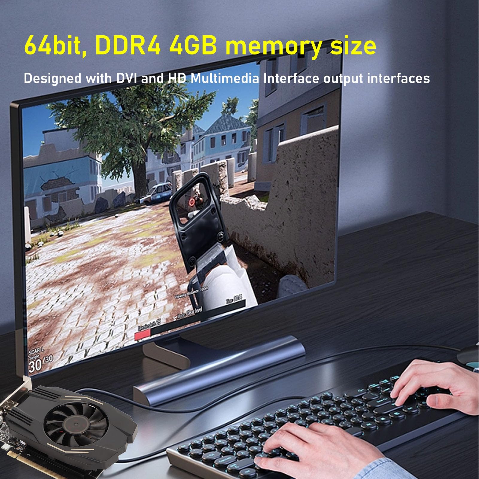 Gonetre 4GB DDR4 64bit 1468/2400MHz HD DVI PCIe X4 3.0 Gaming Graphics Card - High Performance Video Card for PC Gaming, Office Work & Multimedia Editing