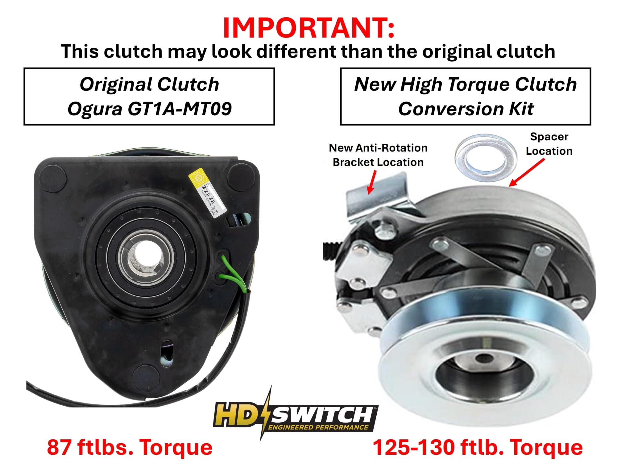 HiTorque 130ft-lbs BIG Bearing Clutch Kit with 10A PTO Switch - Fits Cub Cadet White ZT42 ZT50 ZT5000, MTD Troy-Bilt 2009, Mustang RZT42 RZT50 - OEM 87 917-04622 917-04183 5219-99 GT1A-MT09 - Perfect for Lawn Mower Clutch Replacement & Tractor Maintenance