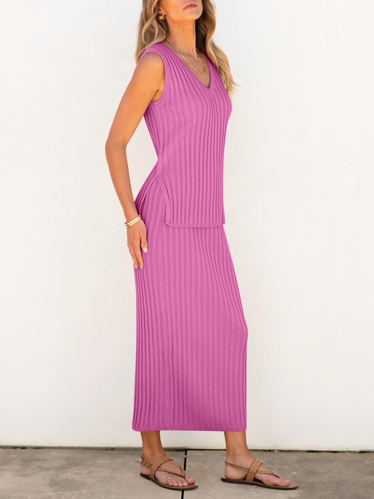 Women's 2 Piece Outfits Summer Sweater Skirt Sets - Casual Sleeveless V Neck Ribbed Vest & Knit Tops with Midi Dress | Perfect for Beach Vacation, Date Night & Office Wear
