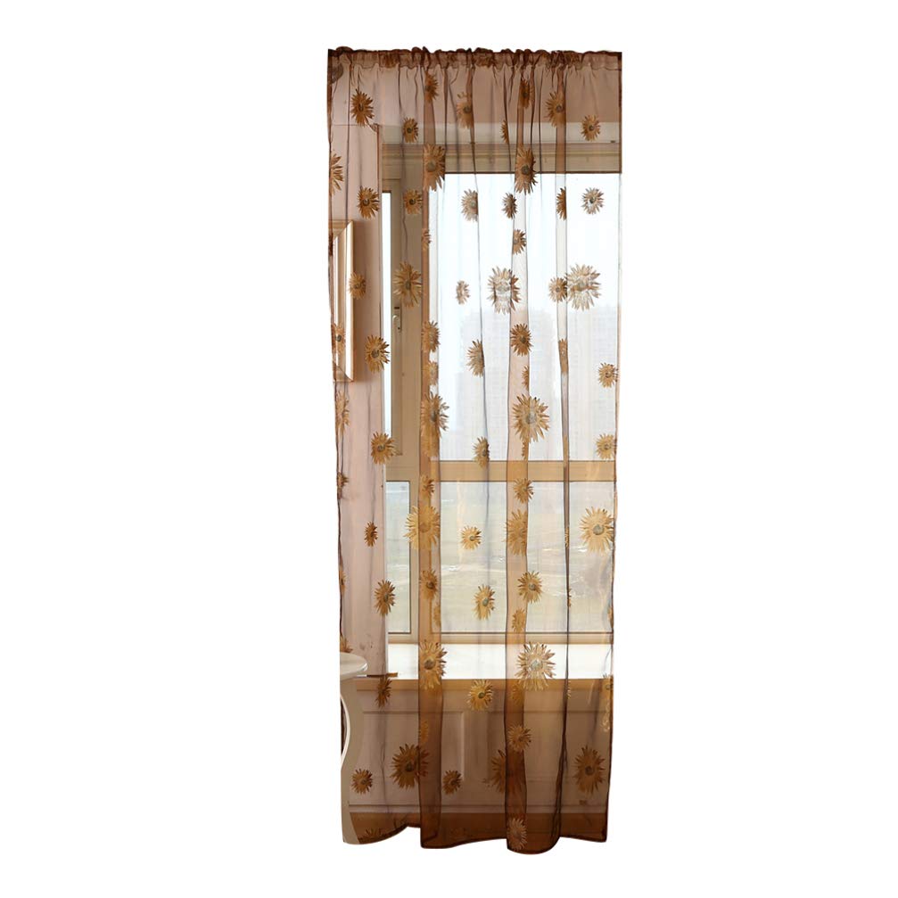 BESPORTBLE Crushed Voile Sheer Curtains - Flax Linen Window Panels with Sunflower Design, Light Filtering Transparent Drapes for Living Room & Bedroom