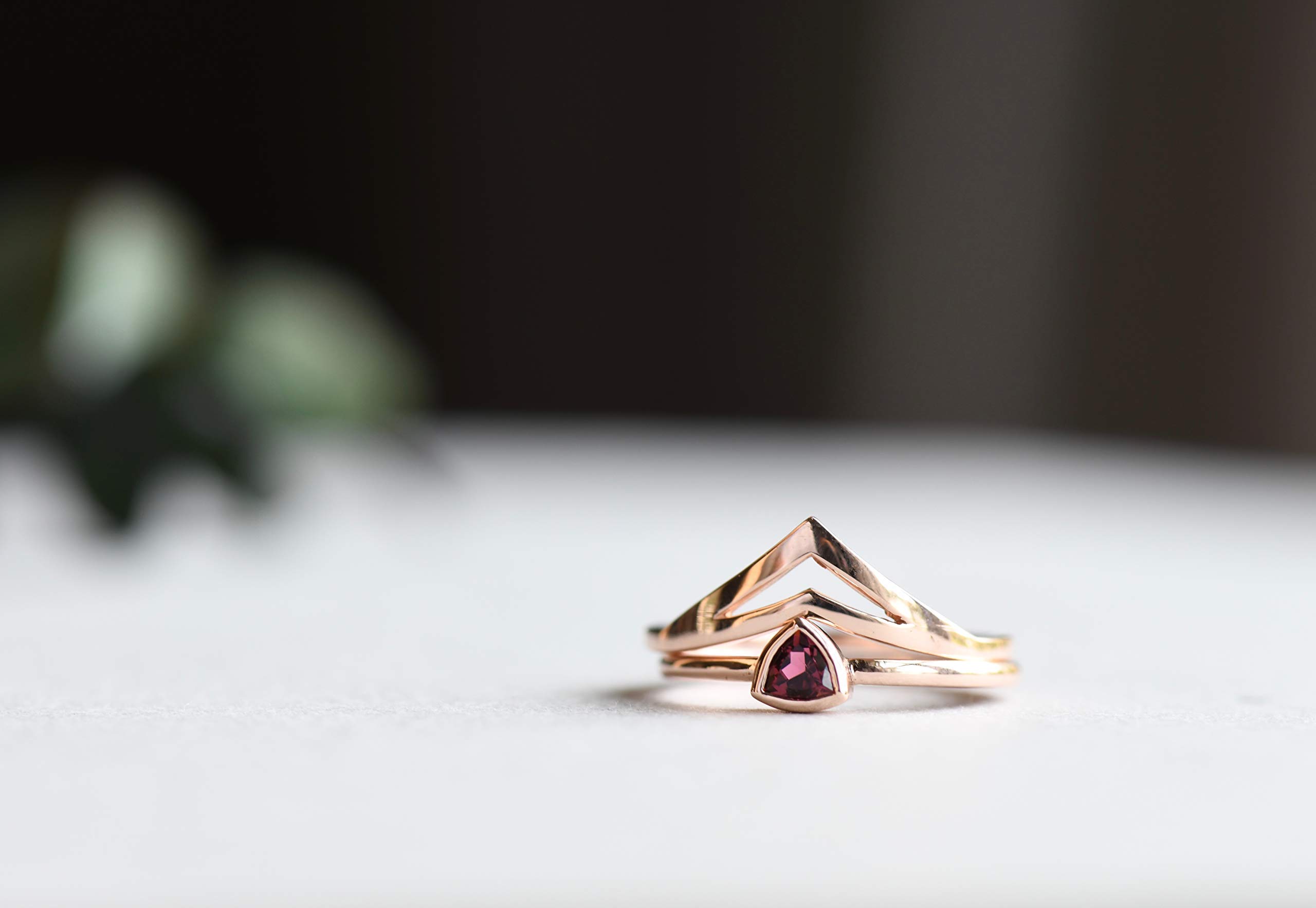 14K Solid Rose Gold Pink Tourmaline Ring Set - October Birthstone Trillion Cut Engagement Ring for Women (Perfect for Anniversaries, Proposals & Special Occasions)