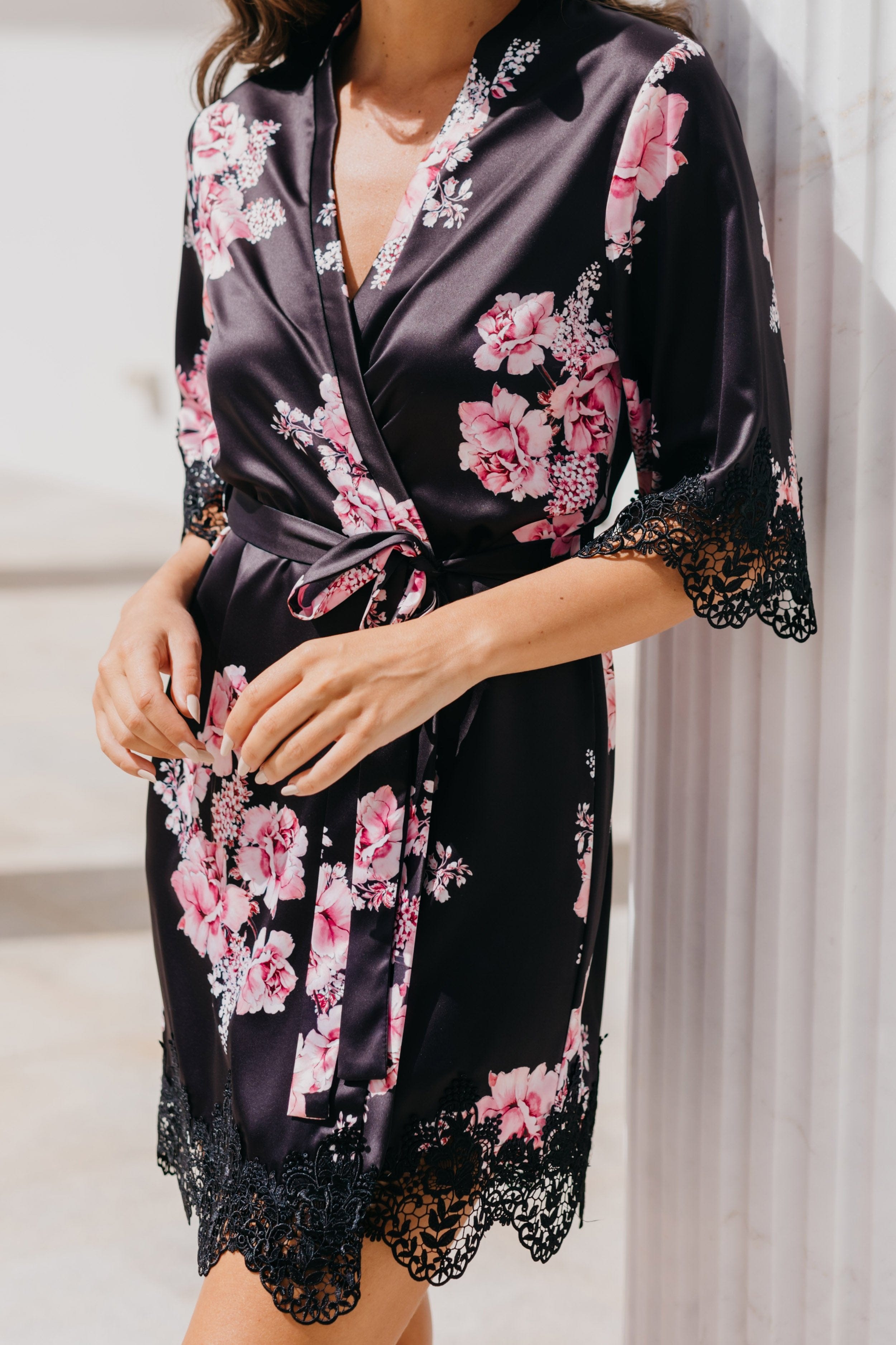Elegant Floral Printed Robe for Women - Ivana Bouquet De Fleur Design - Perfect for Lounging, Spa Days & Bridal Showers