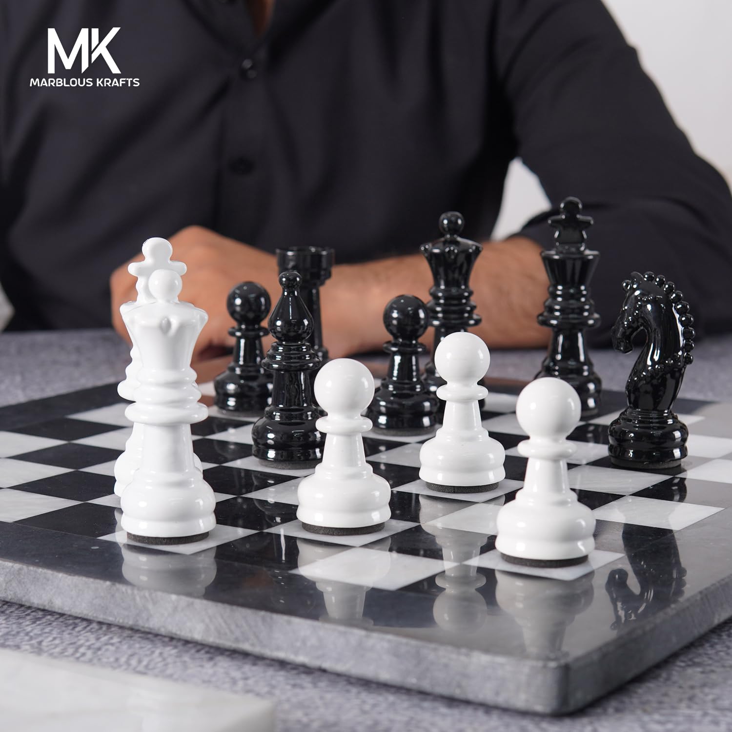 Premium 15-Inch Black & White Chess Set with Marble Board, 32 Metallic Chess Pieces & 2 Extra Queens - Classic 2-Player Strategy Board Game for Adults | Perfect for Home Decor, Office, Gifts & Family Game Nights