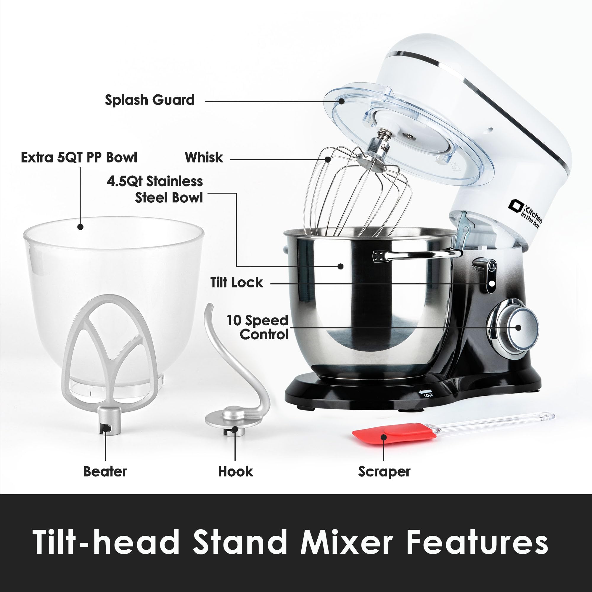5QT Stand Mixer with 4.5QT Bowls - Electric Kitchen Mixer for Baking & Cooking (Gradient Black)