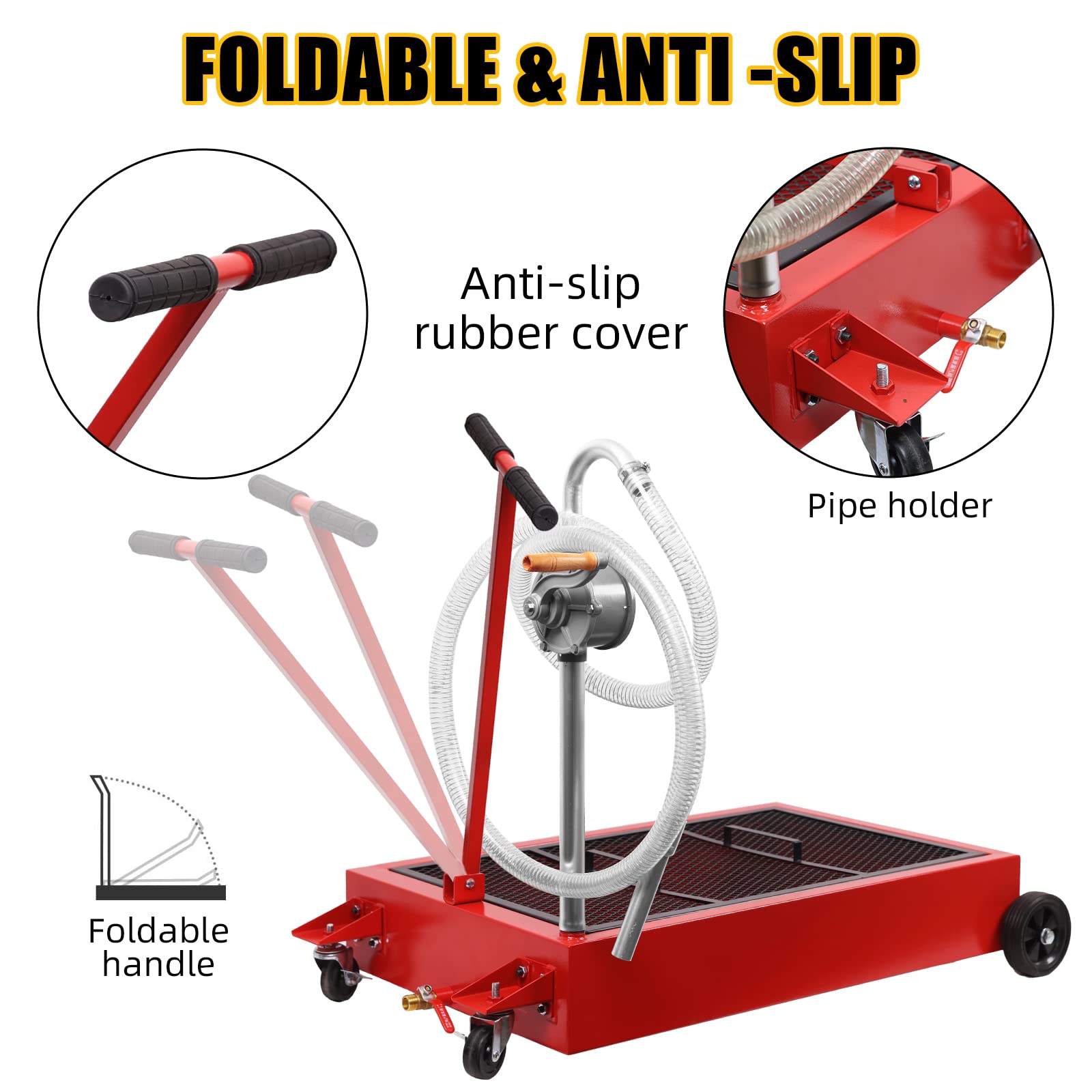 GARVEE 25 Gallon Hand Pump Oil Drain Pan with 95L Low Profile Design - Heavy Duty Automotive Oil Change Pan for Cars, Trucks & Motorcycles - Red