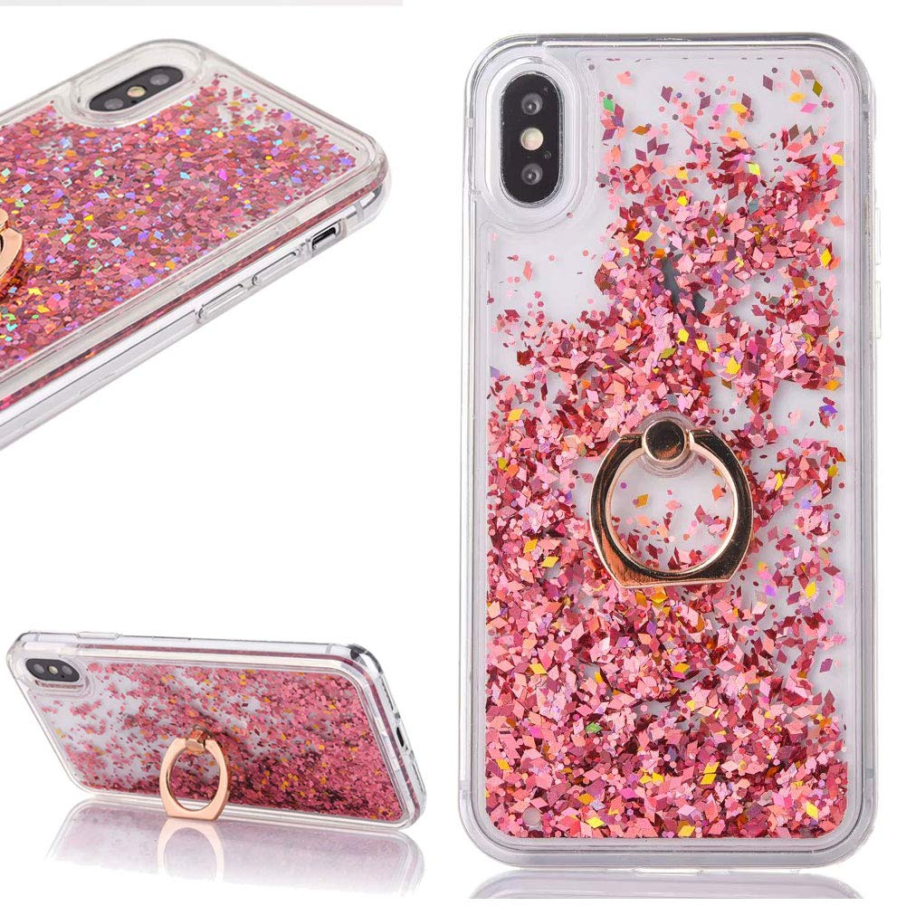 Rose Gold Liquid Glitter iPhone XR Case with Ring Holder Stand - Sparkling Quicksand Floating Gradient Design, Clear Crystal Hard Plastic Cover for Women & Girls - Perfect for Everyday Use, Parties & Photo Shoots