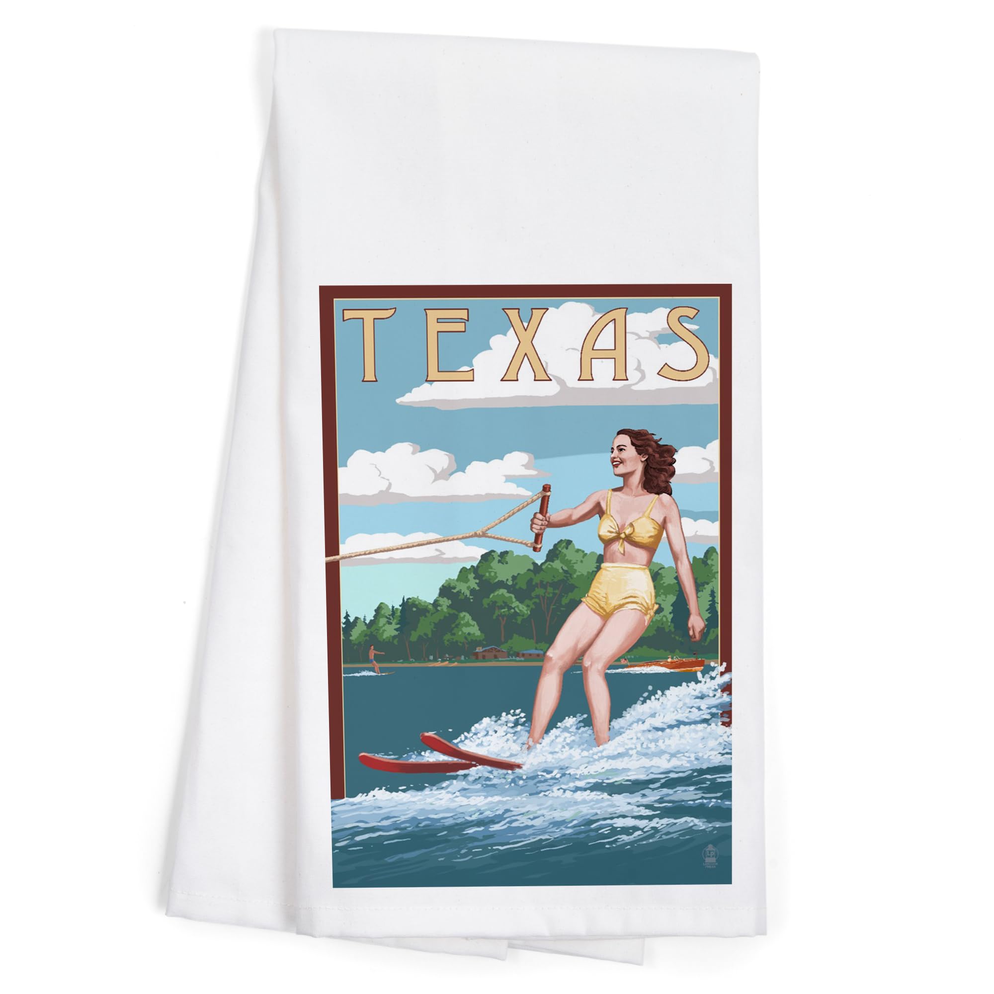 **Lantern Press Texas Water Skier and Lake Cotton Tea Towel – 100% Cotton Decorative Hand Towel for Kitchen, Home, and Gifts – Perfect for Drying Dishes, Decor, and Hostess Gifts**