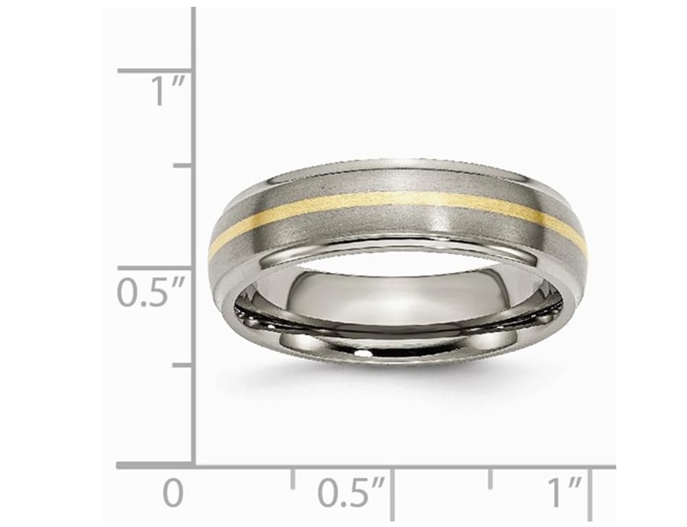 14K Yellow Gold Inlay Titanium Brushed Wedding Band Ring for Men & Women - 6mm Comfort Fit Ridge Edge Design for Everyday Wear & Special Occasions