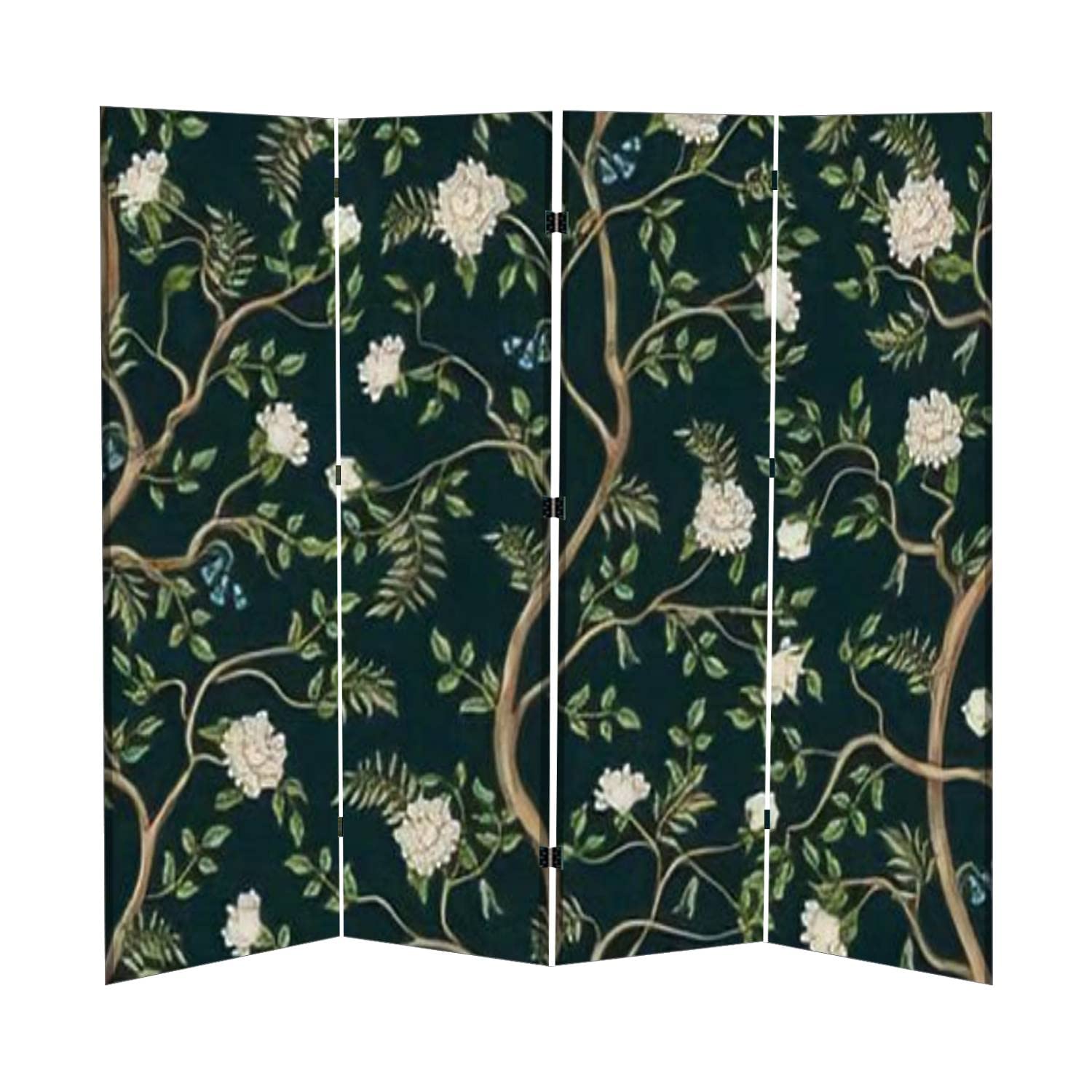 4 Panel Folding Room Divider Screen - White Peonies Trees Chinoiserie Style Privacy Partition for Home, Office & Bedroom | Portable Freestanding Decor for Living Spaces, Studios & Events