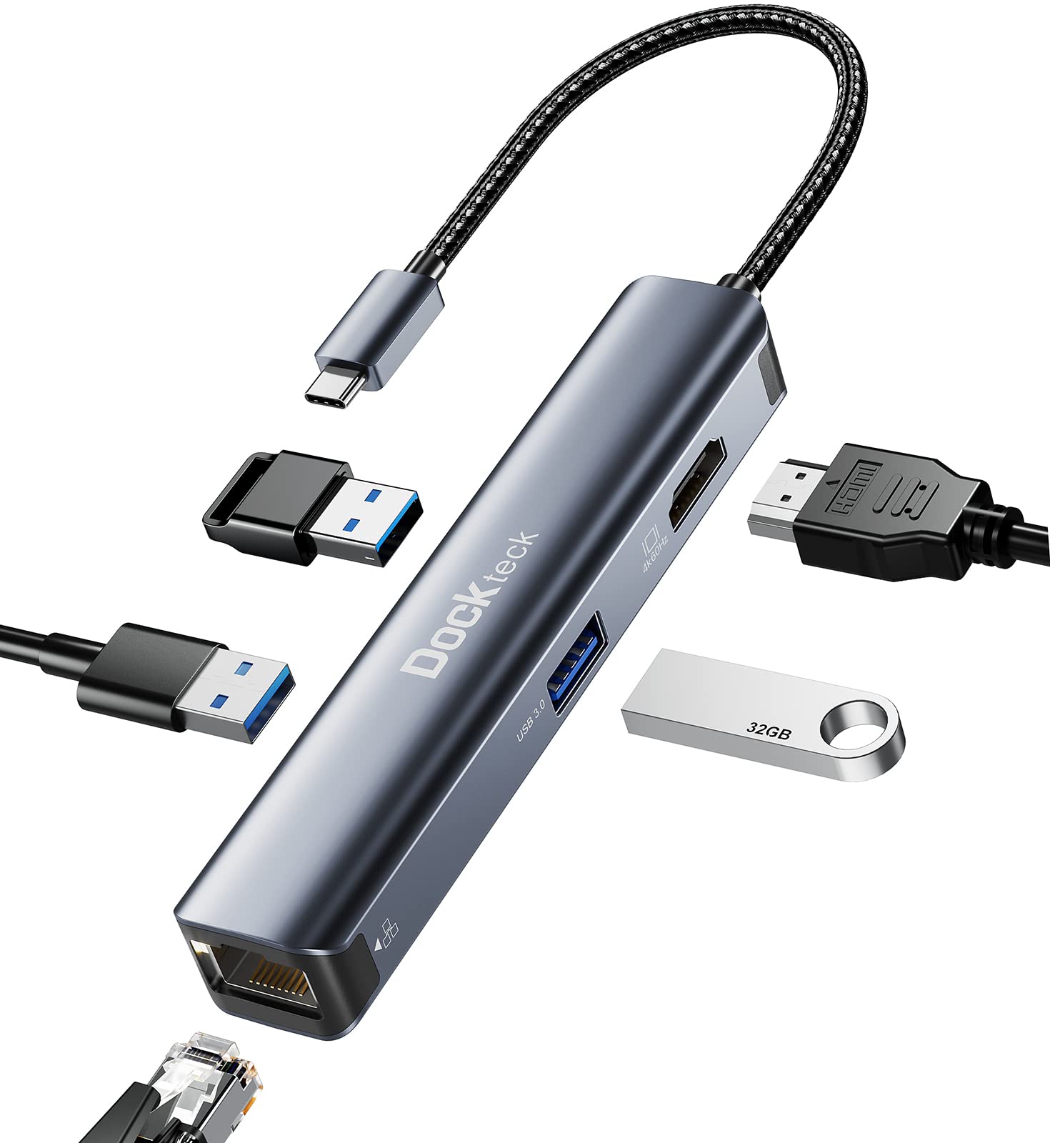 Dockteck 5-in-1 USB C Hub with Ethernet LAN RJ45, 4K HDMI, 3 USB 3.0 Ports - Compatible with MacBook Pro/Air M1, iPad Pro/Air 5, Surface Pro - Perfect for Home Office, Gaming & Video Conferencing