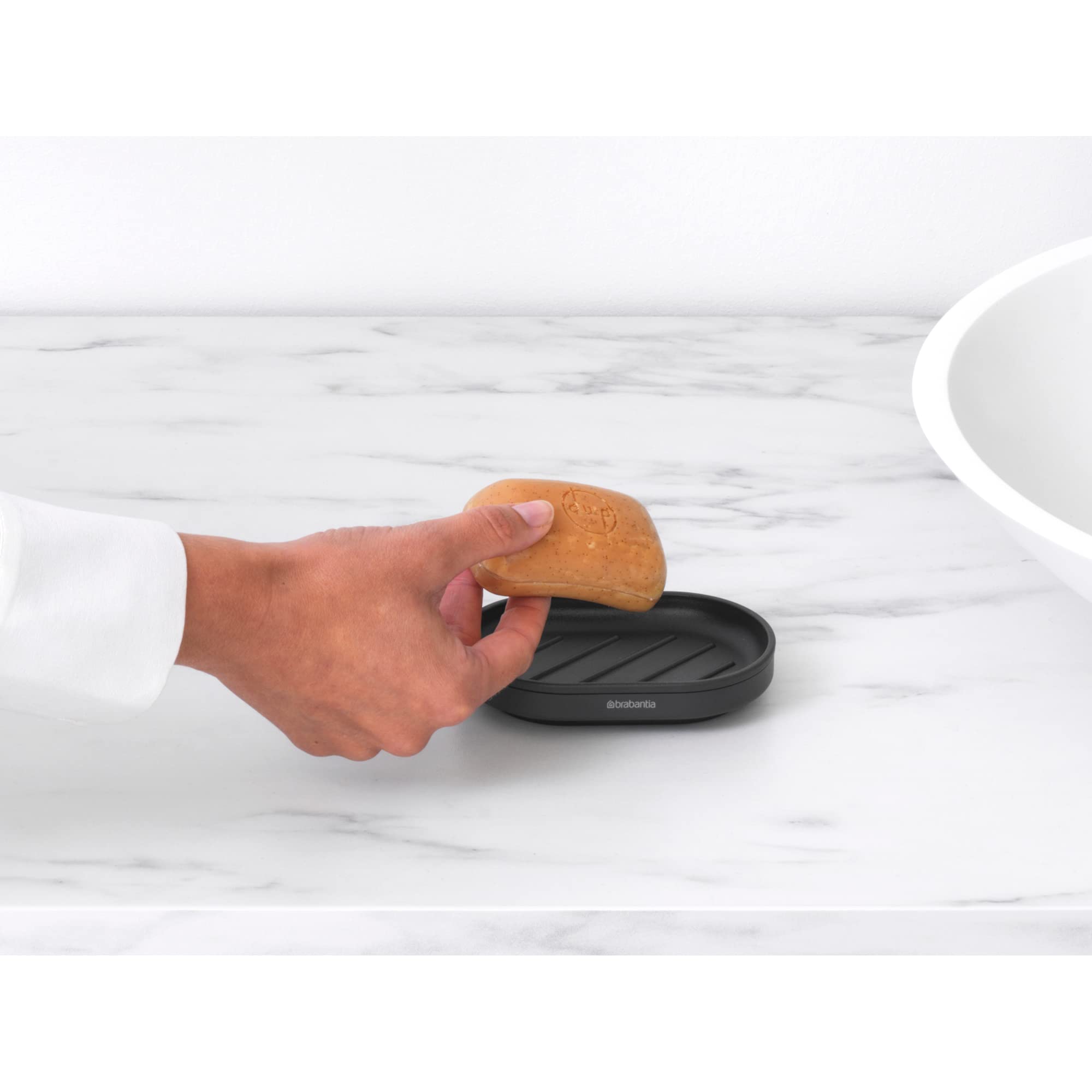Brabantia MindSet Soap Dish - Anti-Rust Metal Soap Holder Tray for Bathroom, Shower & Kitchen Sink - Non-Slip Basin Soap Dispenser (Mineral Infinite Gray) - Perfect for Modern Homes & Spa-Like Showers
