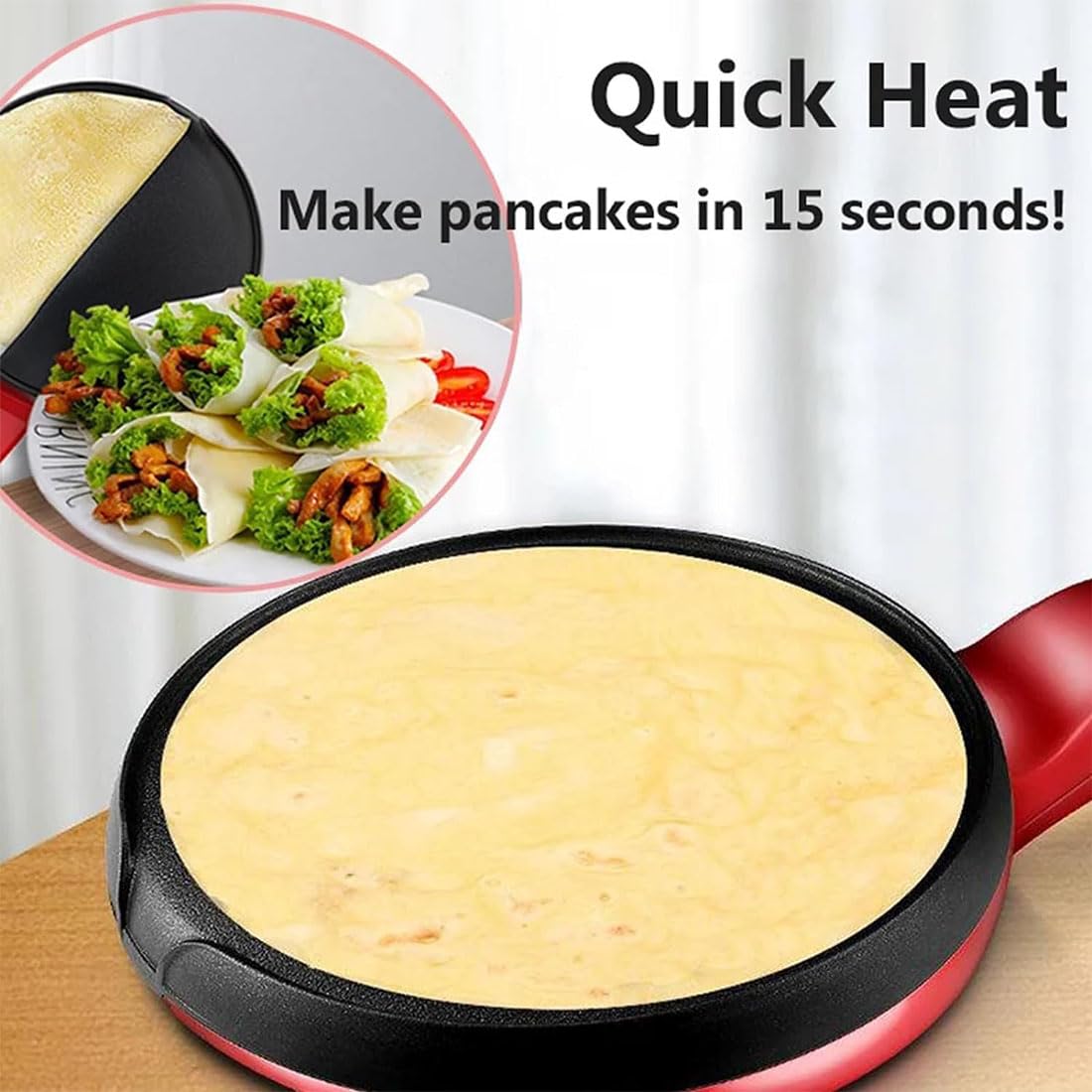 Electric Crepe Maker with Nonstick Coating & Auto Temperature Control – Perfect for Crepes, Pancakes, Roti, Tortillas & Bacon – Includes Whisk & Spatula (1Pcs) – Ideal for Breakfast, Brunch & Quick Meals at Home