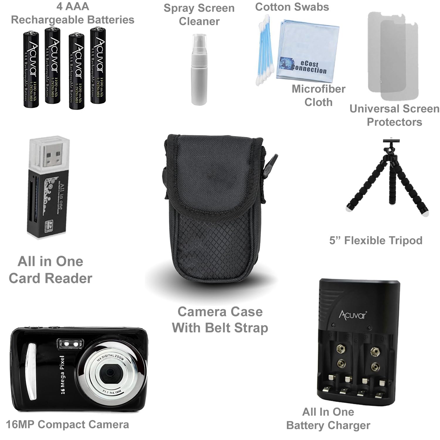 Acuvar 16MP Digital Camera Kit with Tripod - Perfect for Vlogging, Travel & Photography | Includes SD Card Reader, 4 AAA Batteries, Charger, 6-Slot Card Holder, Lens Cleaner & Carrying Case