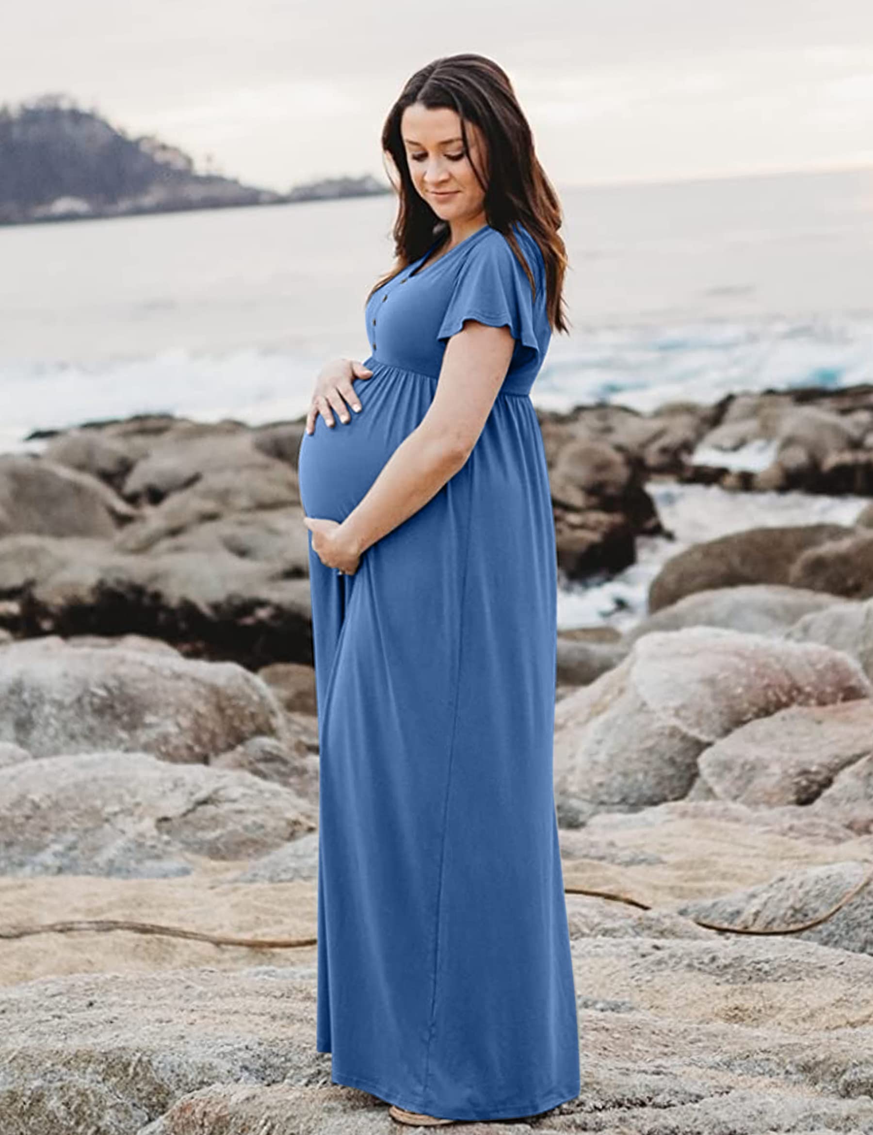 Peauty Summer Maternity Dresses for Women - Flowy Photoshoot & Baby Shower Dress with Decorative Buttons | Comfortable Pregnancy Outfit for Beach, Party & Special Occasions