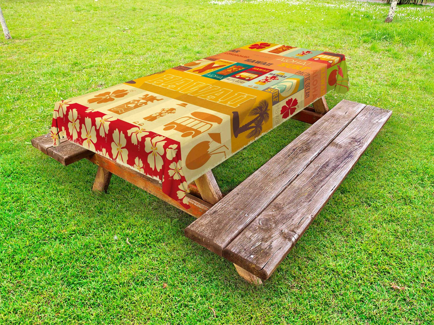 Ambesonne Tiki Bar Outdoor Tablecloth - Vintage Retro Travel Cards Print, Washable Picnic Table Cover 58x104 Inches - Perfect for Hawaiian Luau, Beach Parties, Backyard BBQs & Summer Decorations