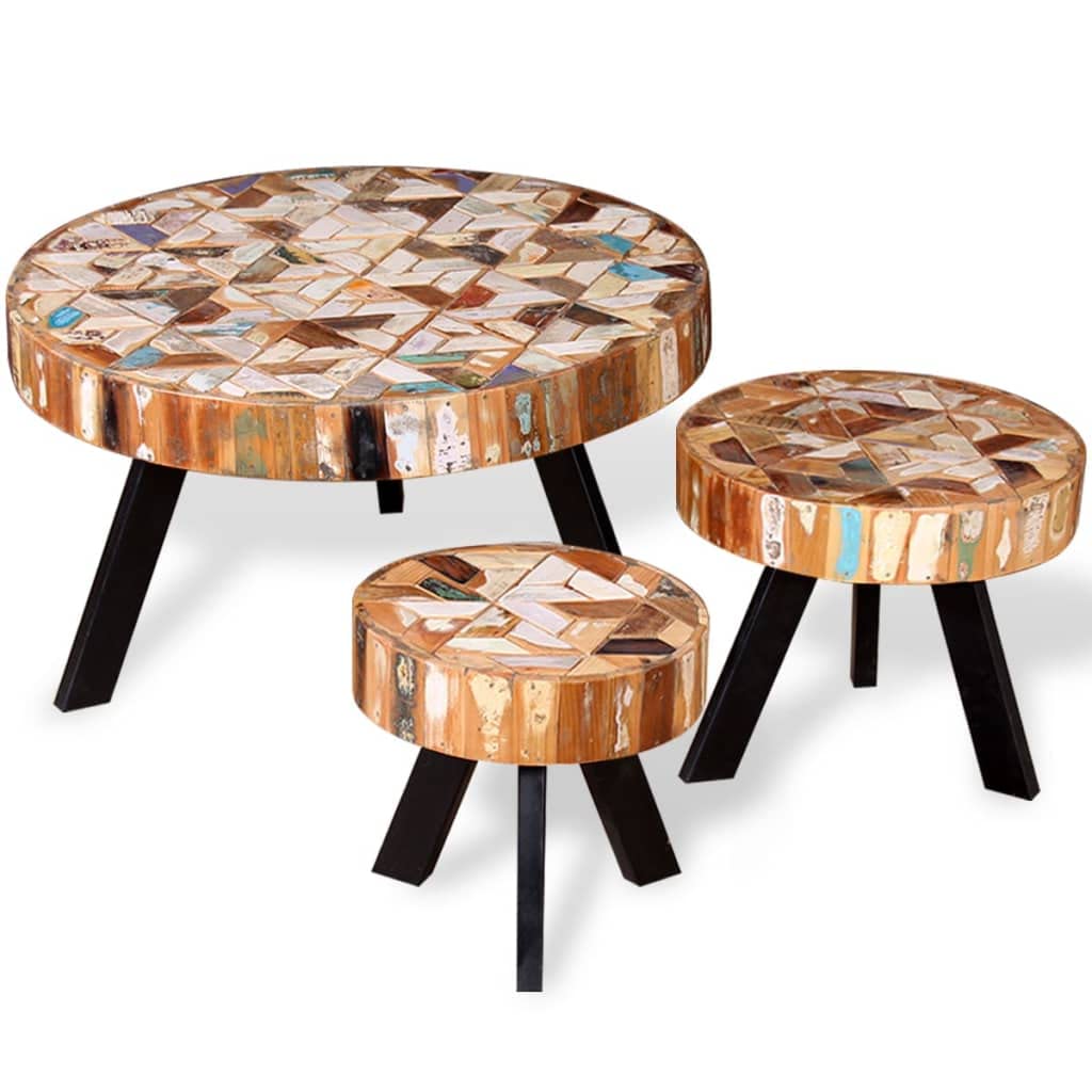 Rustic Round Coffee Table Set of 3 - Solid Reclaimed Wood Side Tables for Living Room, Bedroom & Study - Perfect for Small Spaces, Farmhouse Decor & Cozy Home Settings