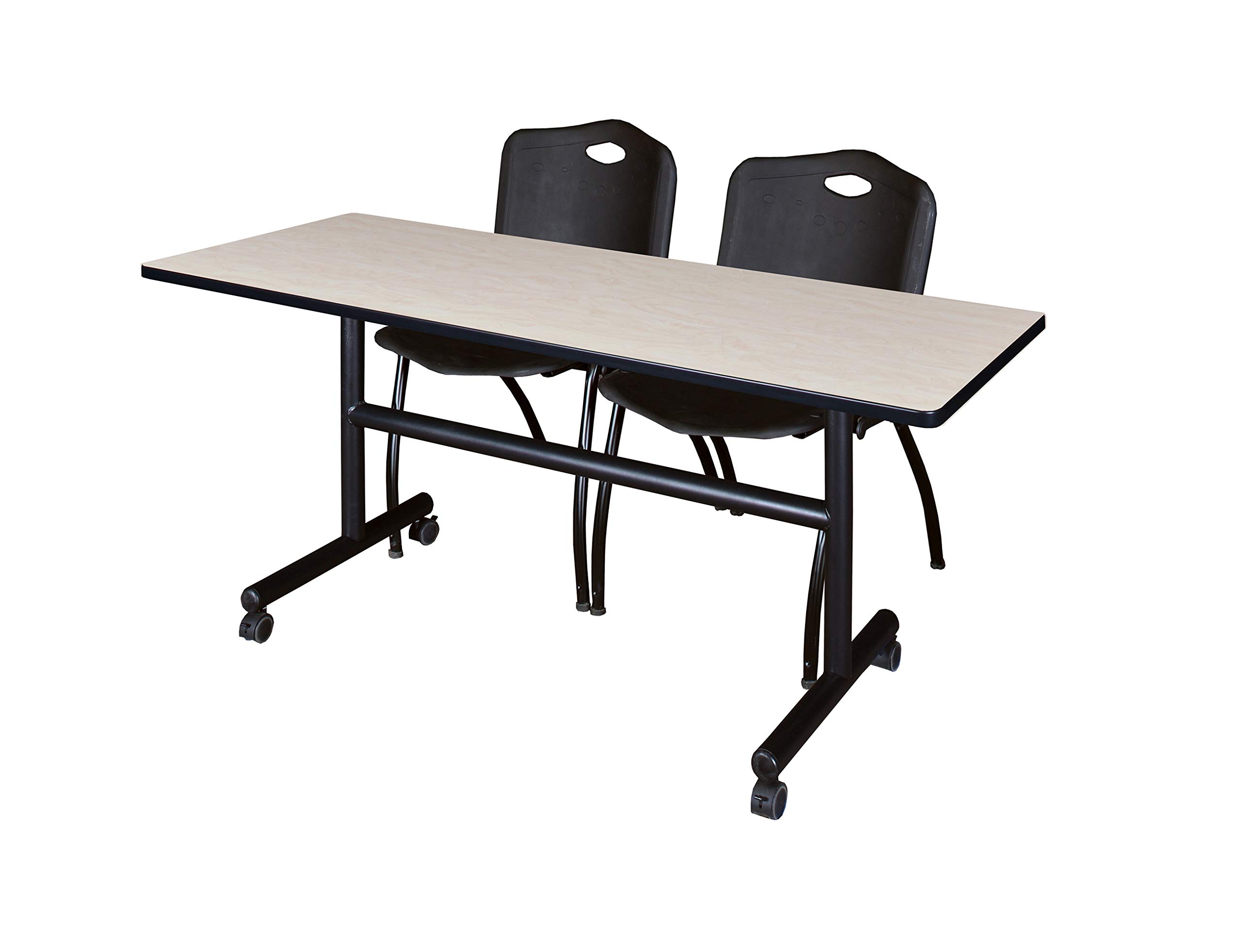 Kobe 60 Inch Flip Top Mobile Training Table with Maple Top & 2 Black 'M' Stack Chairs - Portable Folding Table for Gym, Classroom, Conference Room, and Home Office Use