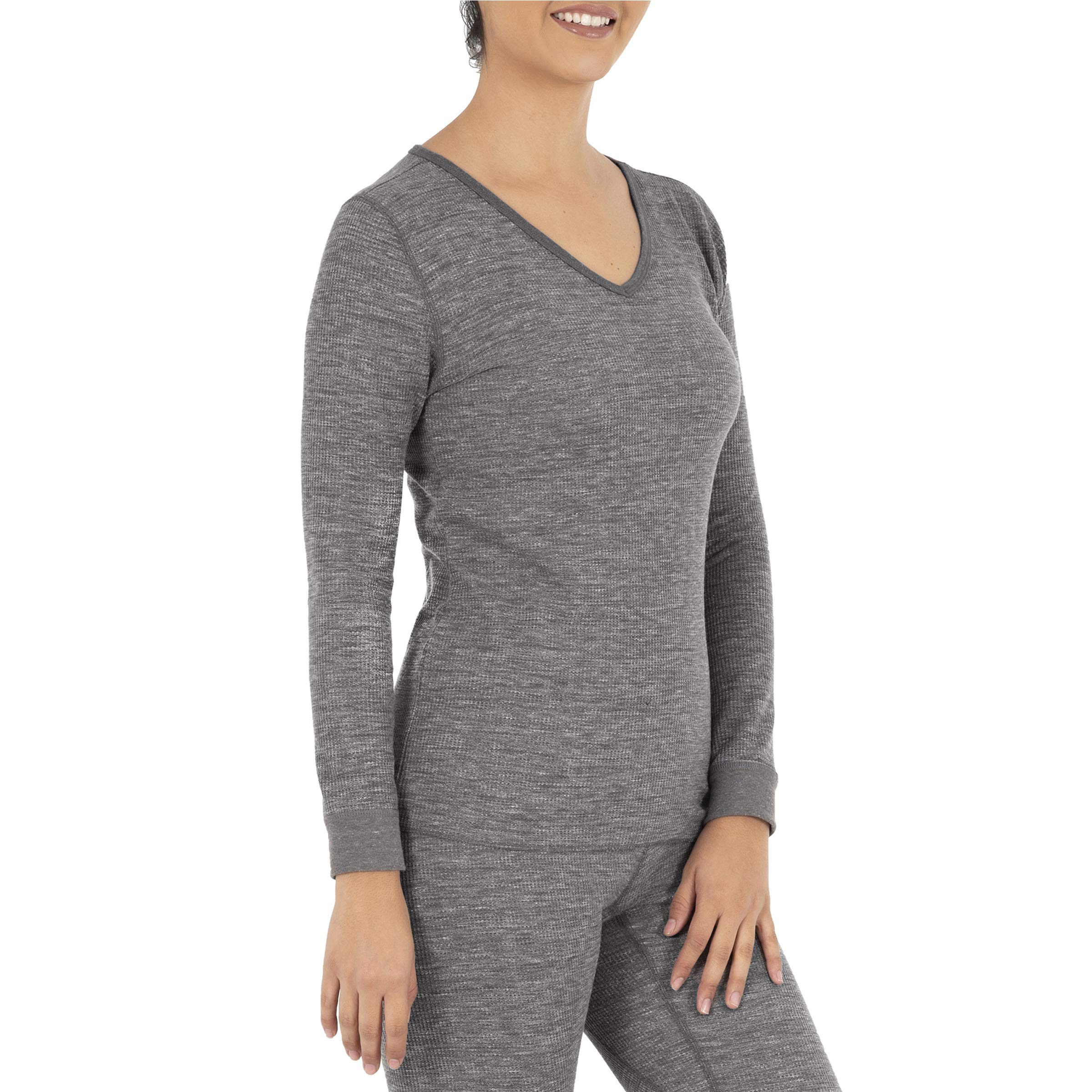Fruit of the Loom Women's Micro Waffle Thermal V-Neck Long Sleeve Shirt - Soft Winter Warm Layering Top for Work, Hiking & Casual Outfits