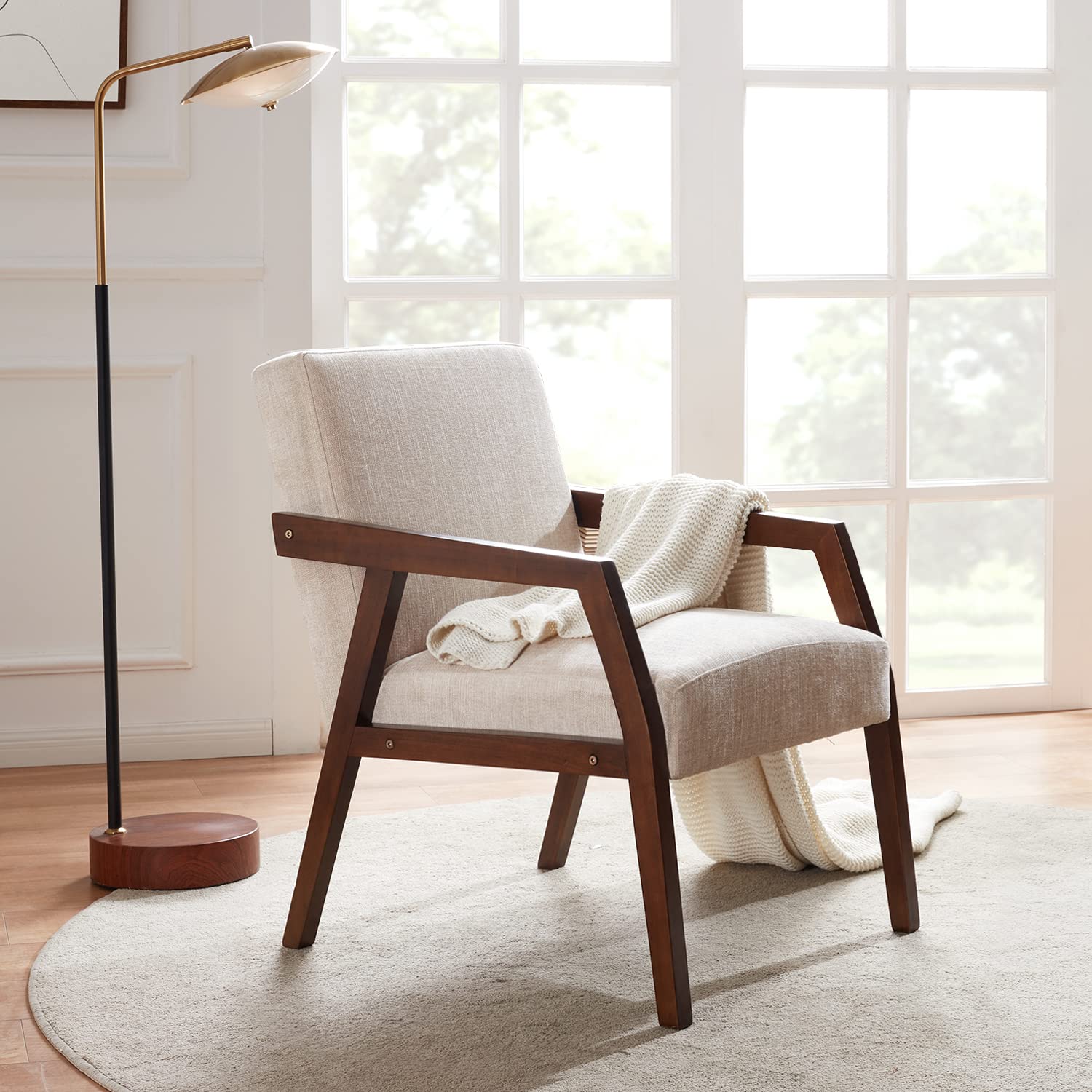 HUIMO Mid-Century Modern Accent Chair - Elegant Upholstered Wooden Armchair with Linen Fabric for Living Room, Bedroom, Office - Comfortable Lounge & Reading Chair (Brown) - Perfect for Relaxing, Reading & Home Decor