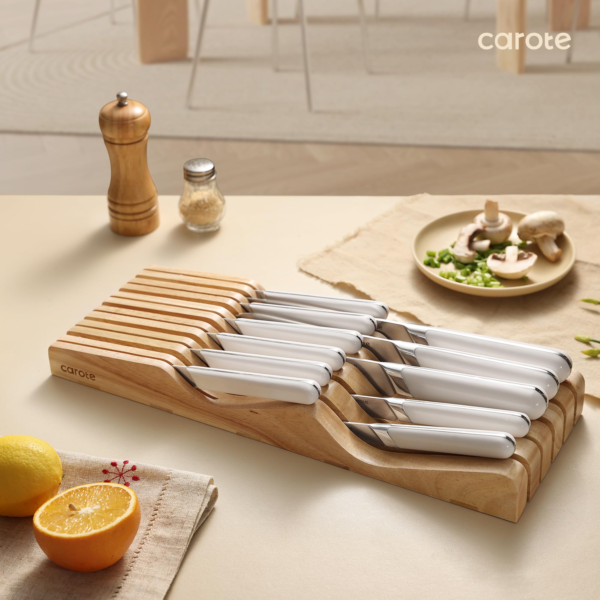 CAROTE 12-Piece Stainless Steel Kitchen Knife Set with Knife Block & Drawer Organizer - Dishwasher Safe Cutlery Set in White | Perfect for Home Chefs, Wedding Gifts & Kitchen Upgrades