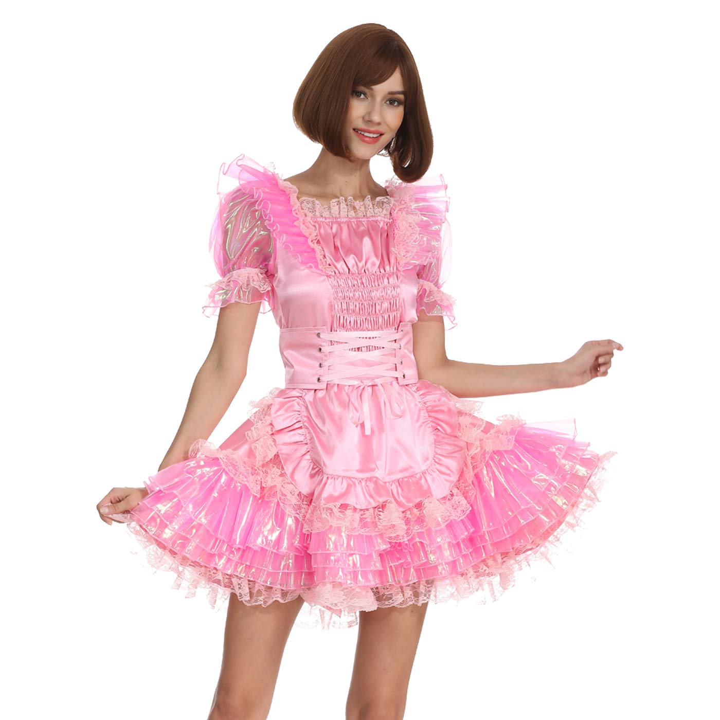 Sexy Pink Satin French Maid Costume for Women - Shimmering Girdle Dress with Lockable Design | Perfect for Halloween, Cosplay, Role Play & Boudoir Photography