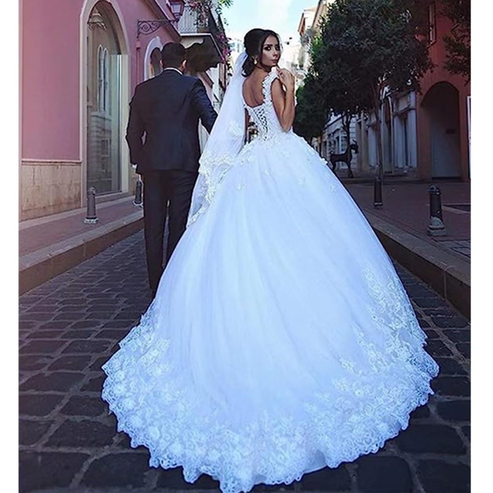 Elegant V-Neck Beaded Lace Tulle Wedding Dress for Bride - Ball Gown Bridal Gown for Women | Perfect for Church Ceremony, Beach Wedding & Formal Reception